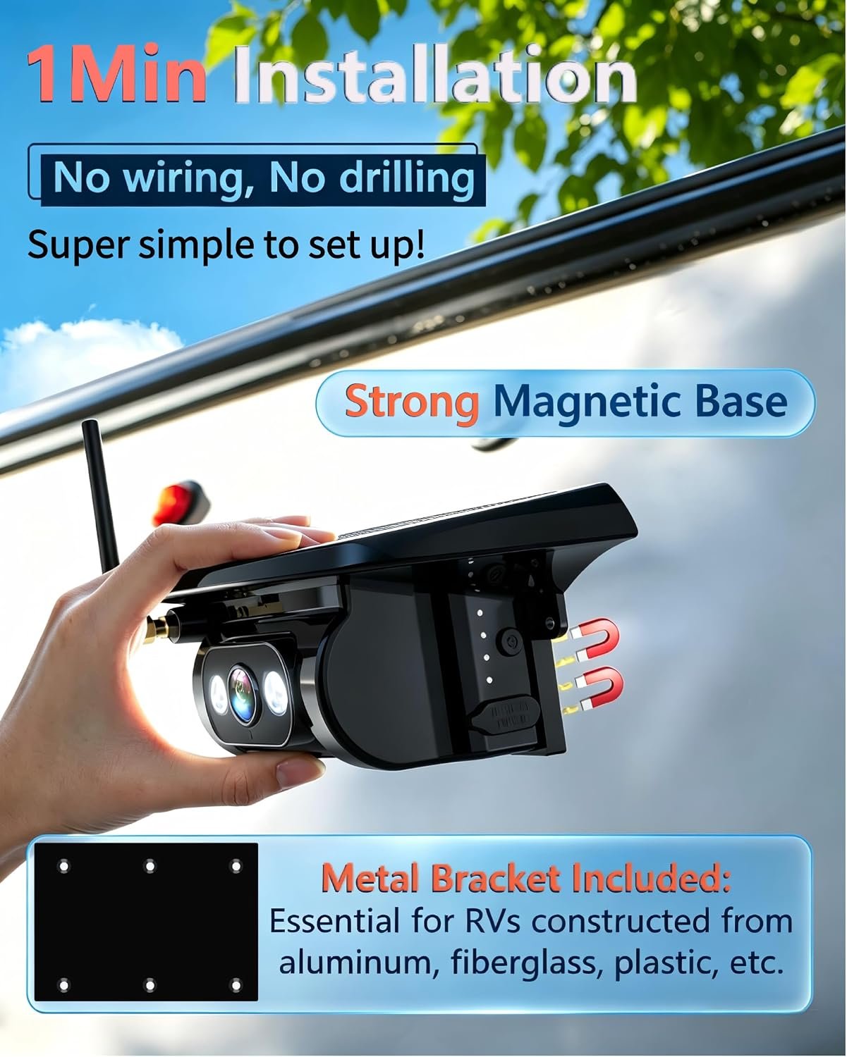 HD 1080P Dual Wireless Backup Camera: 15200mAh Battery Up to 3-Day Trip | 1-Second Magnetic Easy Install Solar RV Backup Camera with 7.2-inch Split-Screen DVR Monitor for RV Camping & Travel Trailers - Image 3