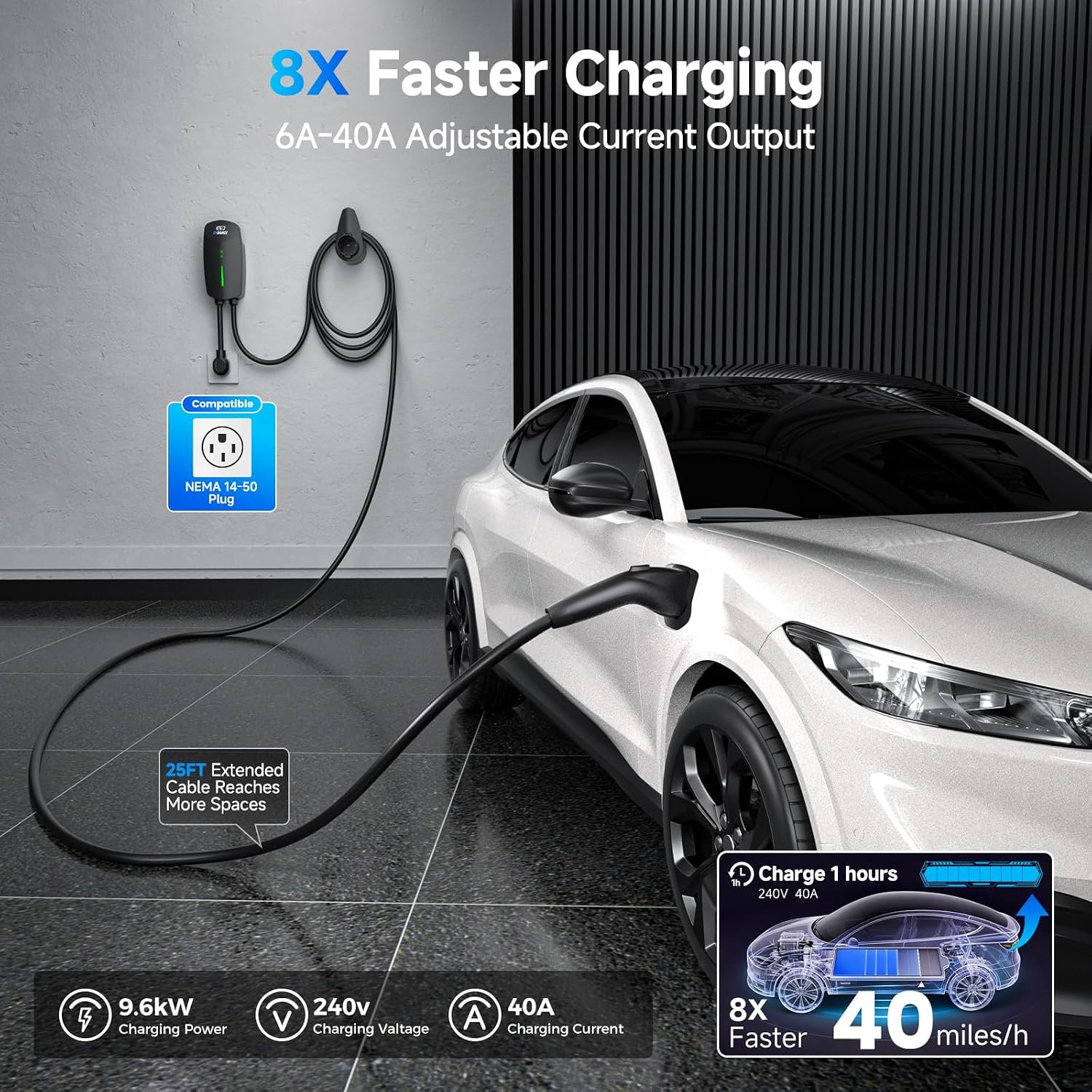 EVDANCE Level 2 EV Charger 40A 9.6kW 240V Smart WiFi Home Charging Station, NEMA 14-50 Plug & 25ft Cable, IP65 Charger for EVs (Tesla with Adapter) - Image 3