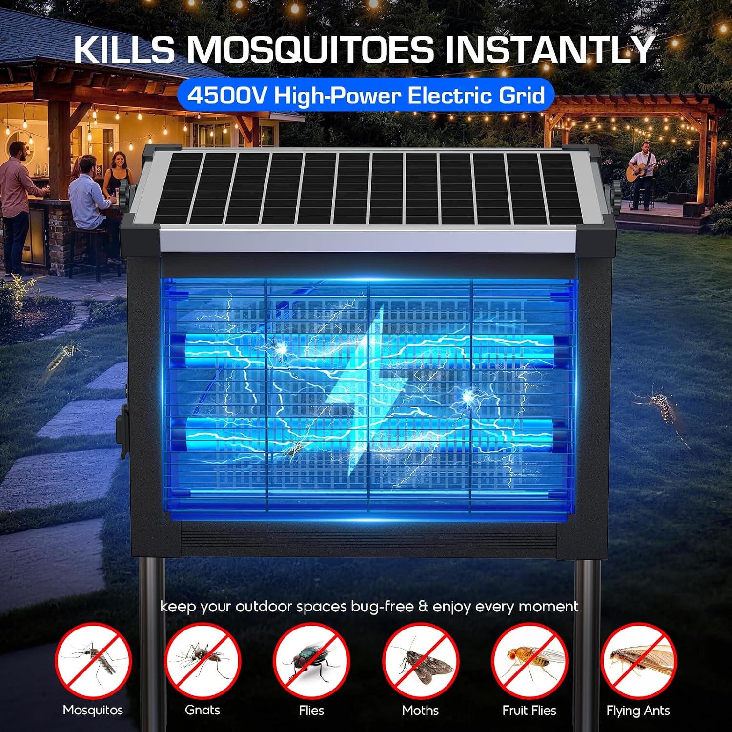Solar Bug Zapper Outdoor, 4500V Cordless Mosquito Zapper with Solar Power | Smart Light Sensor, Solar & USB Rechargeable, IPX5 Waterproof Insect Killer For Patio, Garden, Backyard, Camping And Indoor - Image 3