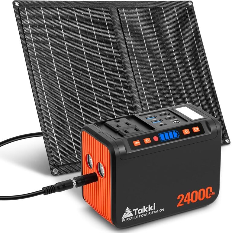 Takki Solar Generator 120W Peak Portable Power Station with 21W Solar Panel 88.8Wh Battery Power Bank with 110V AC Outlet for Camping RV Tent Home Outages Emergency | Backup for camping, RV, tent, home outages & emergencies. Compact, lightweight, 120W peak output, solar rechargeable.