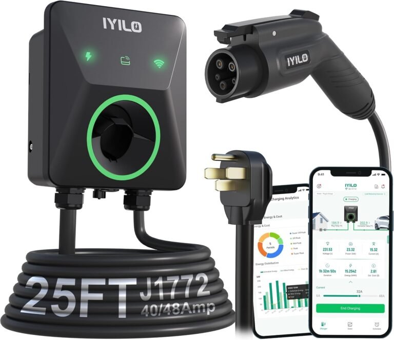 Upgraded Version Level 2 EV Charger, 40A /9.6KW or 48A/11.5KW | Compatible with Dual Installation Methods: NEMA 14-50P or Hardwired, Power Sharing, DLB, Temp Sensors, Smart APP, UL/ETL
