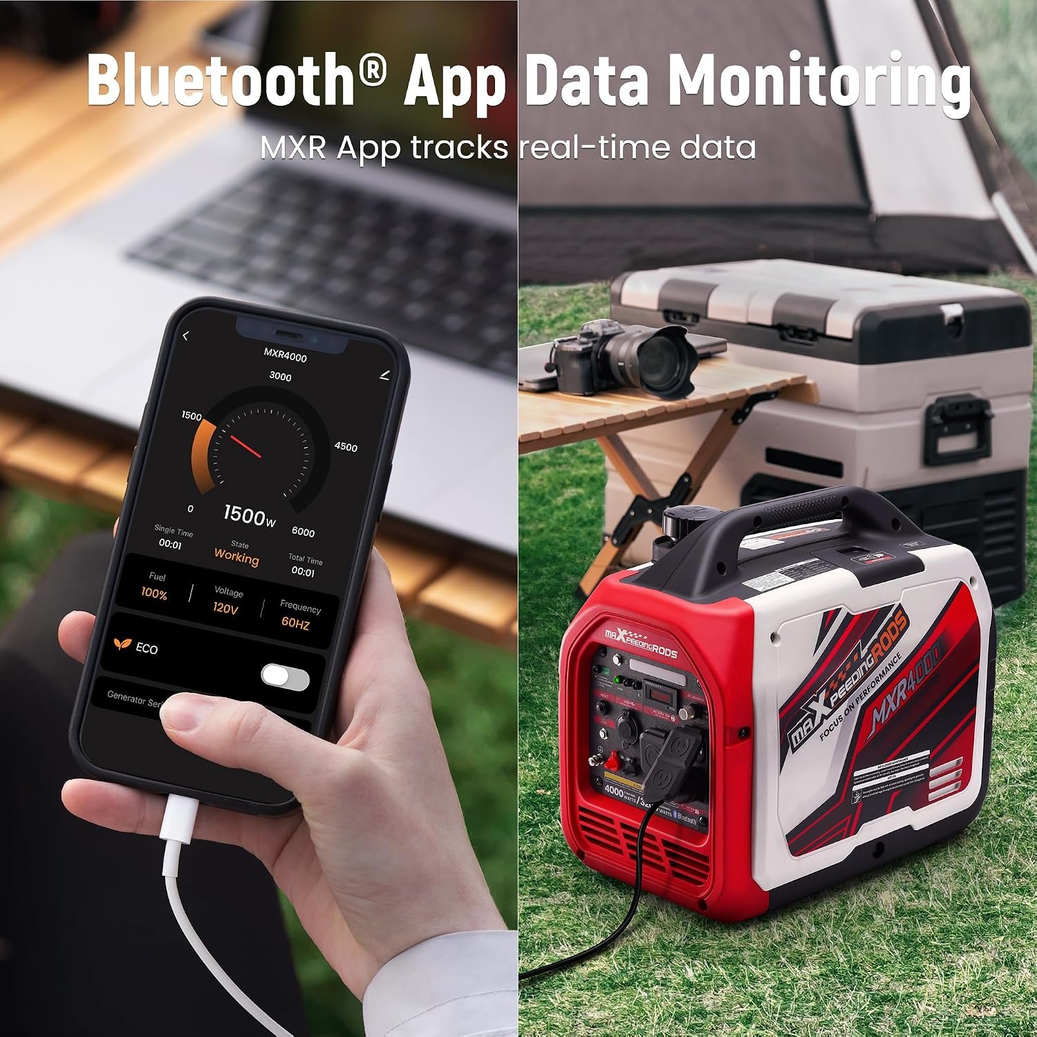 maXpeedingrods 4000 Watt Inverter Generator, Bluetooth® App Data Monitor | Portable Gas Powered Generaator Remote Data Check RV Ready, with CO Alarm for Outdoor Camping, Home Backup,MXR4000 - Image 2