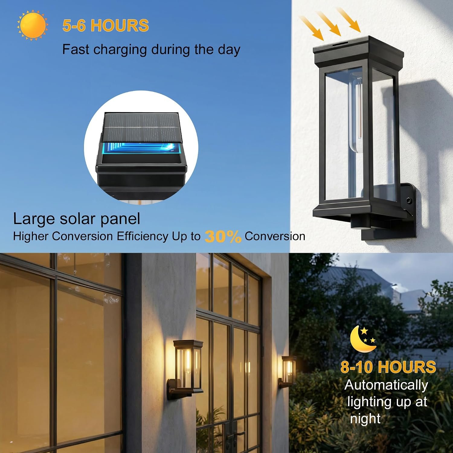 pearlstar Outdoor Solar Wall Lights 2Pack Dusk to Dawn Porch Solar Sconces Wall Mounted Lanterns Waterproof Exterior Lighting Fixtures with 2 Lighting Modes, for Outside Fence Patio Garage Yard - Image 2