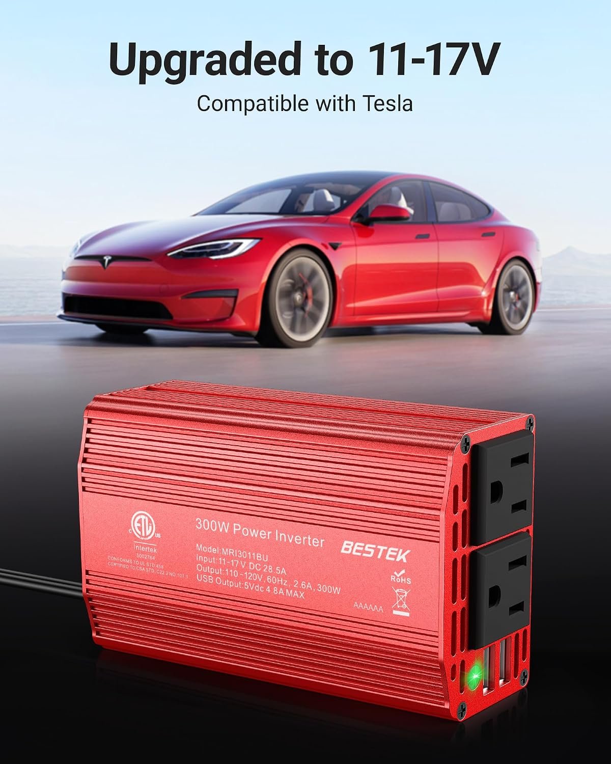 BESTEK Power Inverter DC 12-17V to AC 110V - 300W Car Plug Adapter Outlet | 4.8A Dual USB Fast Charging Port, Vehicle Charger Cigarette Lighter Adapter for Phone, Laptop on Road Trip - Aluminum Housing - Image 6