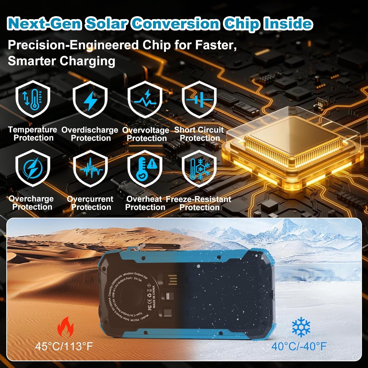 Solar Charger Power Bank 20000mAh, Wireless Fast Charging Battery Pack with 3 Built-in Cables & USB-C Input, Dual LED Flashlights, Portable Phone Charger for Camping, Travel & Emergency Use (Blue) - Image 3