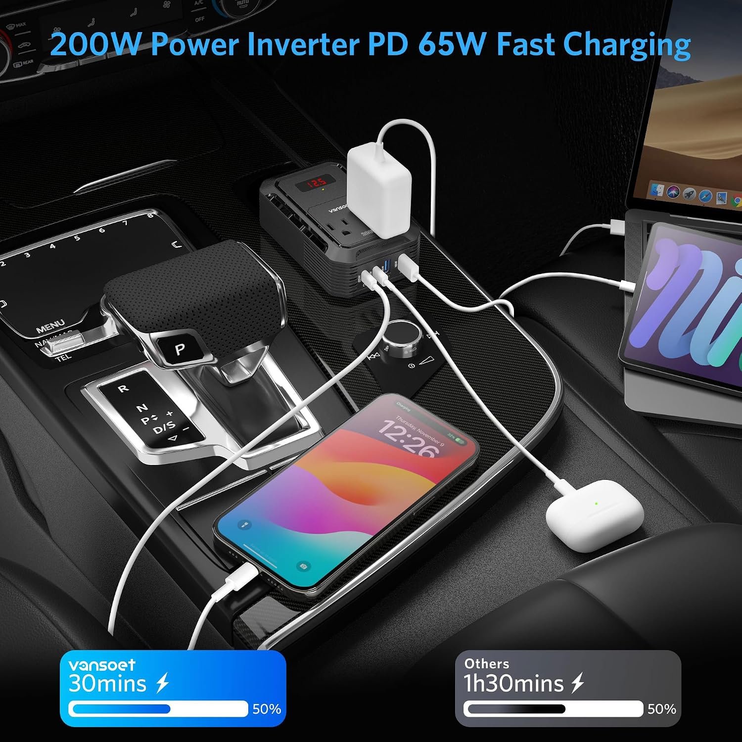 200W Car Power Inverter, DC 12V to 110V AC, PD 65W/30W USB C & QC 18W Ports | 2 AC Outlets, Car Plug Adapter Outlet for Laptop/Phone/Road Trip - Image 9