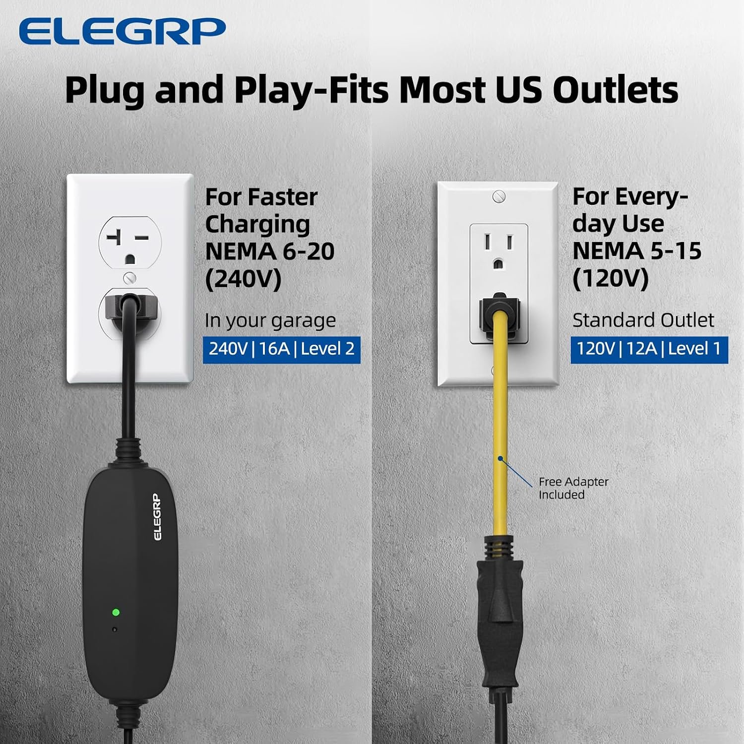 ELEGRP Level 1/2 EV Charger, 16 Amp, Portable J1772 Charger, 25FT Cable, NEMA 6-20 & 5-15 Adapter, Electric Car Charger 110V-240V for BEVs PHEVs, PBE & LRC Technology - Image 2