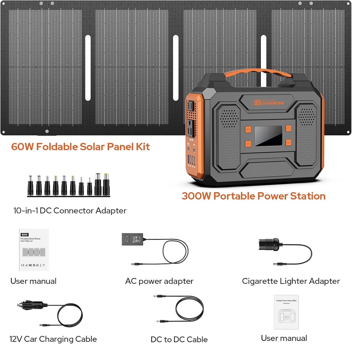 Portable Solar Generator 300W Portable Power Station with 60W Solar Panel | 110V Pure Sine Wave 280Wh Battery Solar Power Pack with USB QC3.0 DC AC Outlet for Camping Smart Device RV Van Outdoor-Orange - Image 9