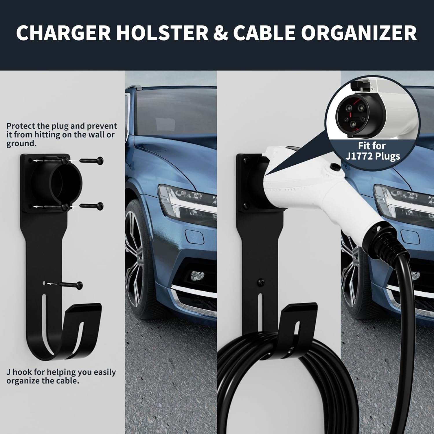 Joinfworld EV Charger Holder Wall Mount Kit | EV Charger Holster Dock, SAE J1772 Connector, J-Hook EV Charger Cable Holder, EV Charging Box Holder, Electric Vehicles - Image 4