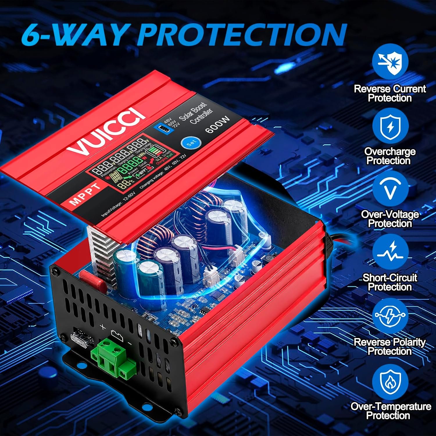 15A Boost MPPT Solar Charge Controller 600W | 12-60V to 48V/60V/72V Step-Up | LiFePO4/Ternary Lithium/Lead-Acid/AGM/Gel | Color LCD | 99% Tracking | RV Golf Cart Off-Grid | 1-Year Warranty - Image 2