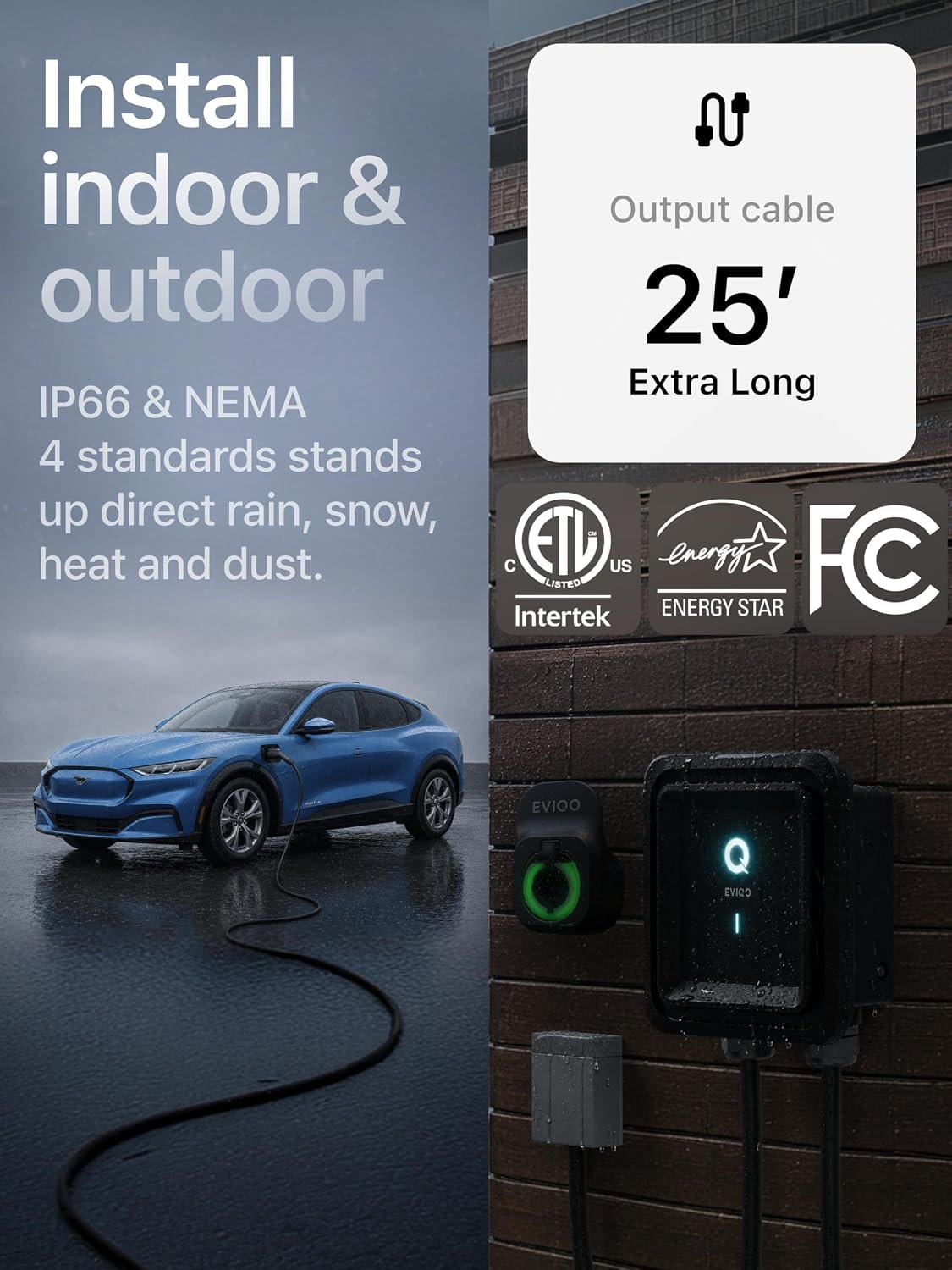 Level 2 EV Charger J1772 40A NEMA 14-50 - 240V Wall Charging Station | Plug in, up to 40 mph, 25ft Cable, WiFi (2.4GHz), Smart App, Weatherproof Indoor/Outdoor (IP66, NEMA 4), UL & ETL Certified - Image 6