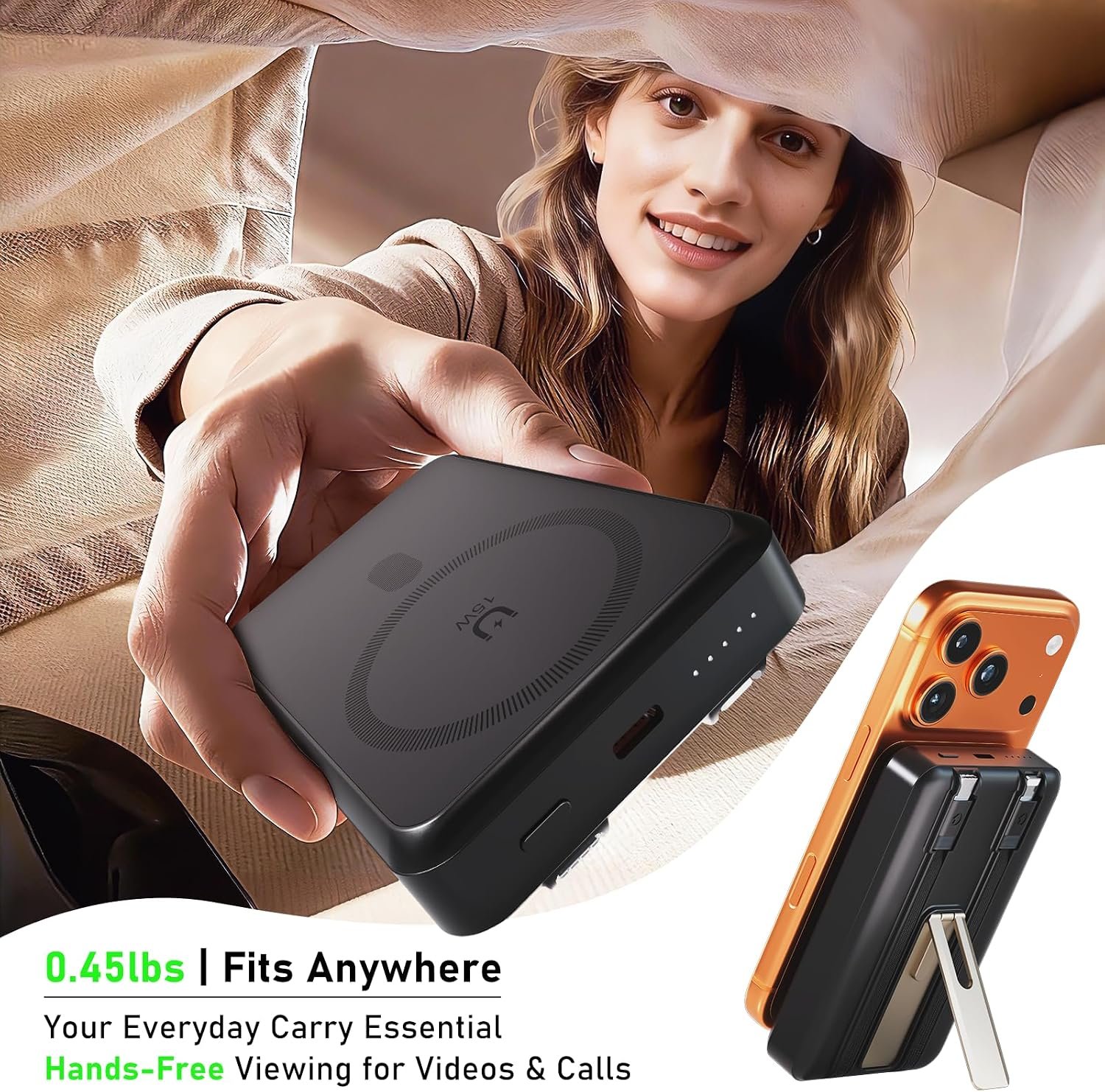 Magnetic Power Bank 10000mAh for Samsung & Android, 4-in-1 Portable Charger with Built-in Type-C/Lightning Cables and Foldable Stand, 15W Fast Charging Wireless Battery Pack for iPhone, Travel - Image 8