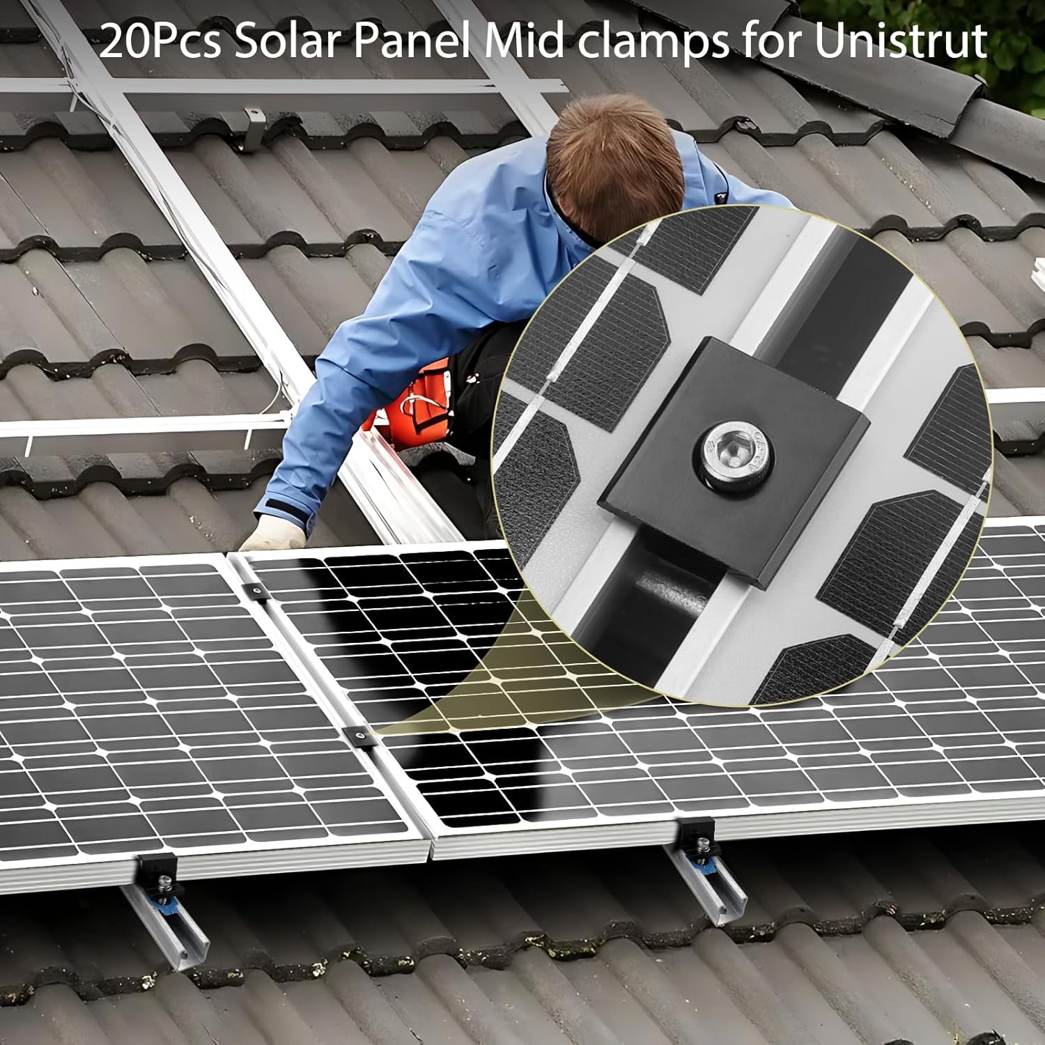 Anbte 20pcs Solar Panels Mid Clamps for Unistrut, 30mm/35mm, Black | Aluminium Solar Panel Brackets, Solar Panel Mounting Kit for Metal Roof, Tin Roof, Flat Roof, Sheet Roof, RV, Black - Image 6