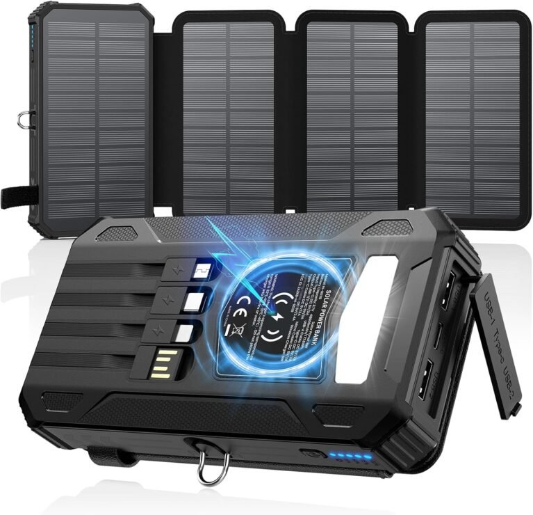 Solar Power Bank 48000mAh Built in 4 Cables, Wireless Portable Charger | Solar Charger with 4 Solar Panels, Wireless Charging, Built in 4 Cables, PD QC 3.0 Fast Charging, Flashlight for Camping