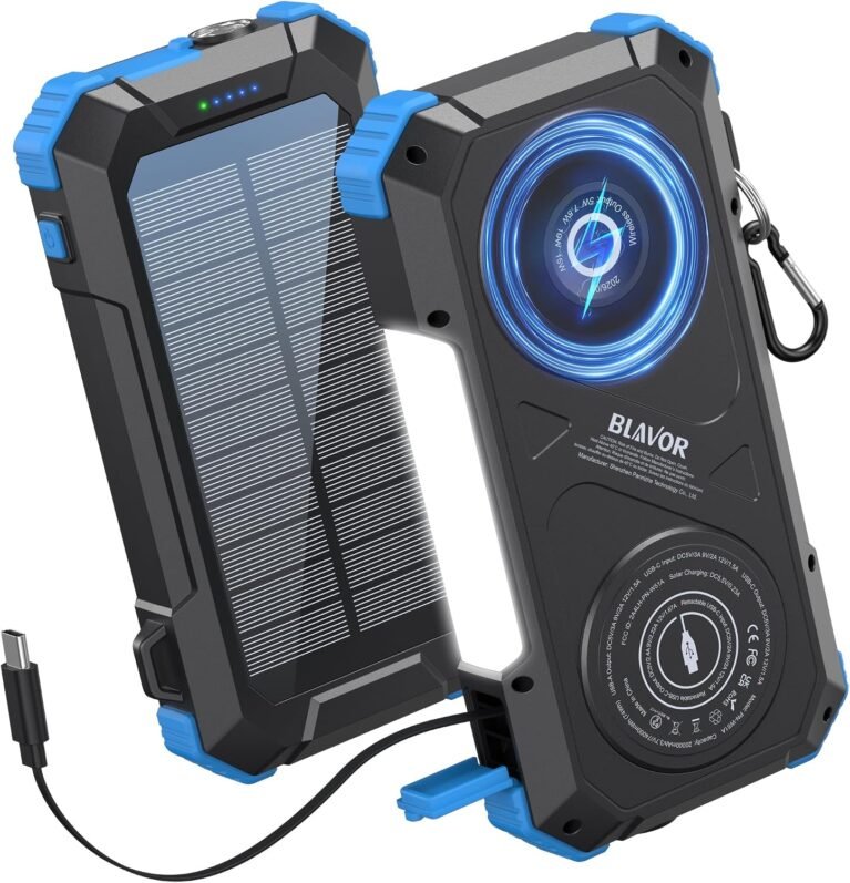 BLAVOR Solar Charger Power Bank Built-in Retractable USB-C Cable, 20000mAh Wireless Magnetic Portable Charger with Camping Light, Flashlight, 20W Fast Charging Battery Pack for Outdoor Camping Hiking