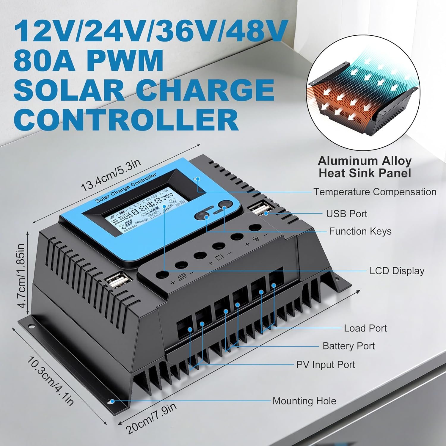 80A PWM Solar Charge Controller Bluetooth 12V/24V/36V/48V Auto | Solar Panel Battery Controller 80A with 4 USB Ports Backlit Display,Regulator for Solar Panels fit Li,Lead-Acid,Gel Batteries - Image 6