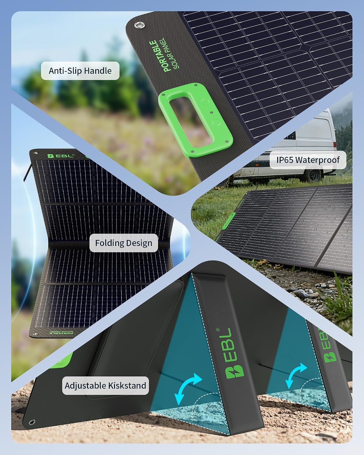 EBL 200W Portable Solar Panel for Power Station, Foldable IP65 Waterproof | 200 Watt Solar Panel with MC-4 Anderson Output Connector, w/ 4 Kickstands for RV, Camping, Blackout, Outdoor - Image 6