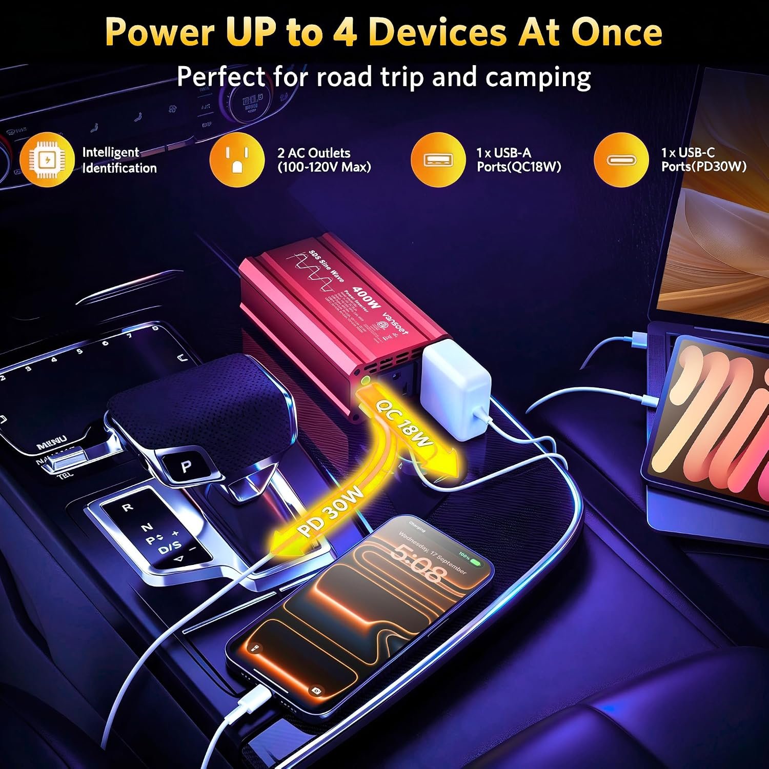 400W Car Power Inverter, DC 12V to AC 110V, PD3.0 QC18W 2 Outlets Dual USB | Peak Clipped Sine Wave, Car Charger Plug Adapter Power Converter, Charging Ports (Red-400) - Image 3