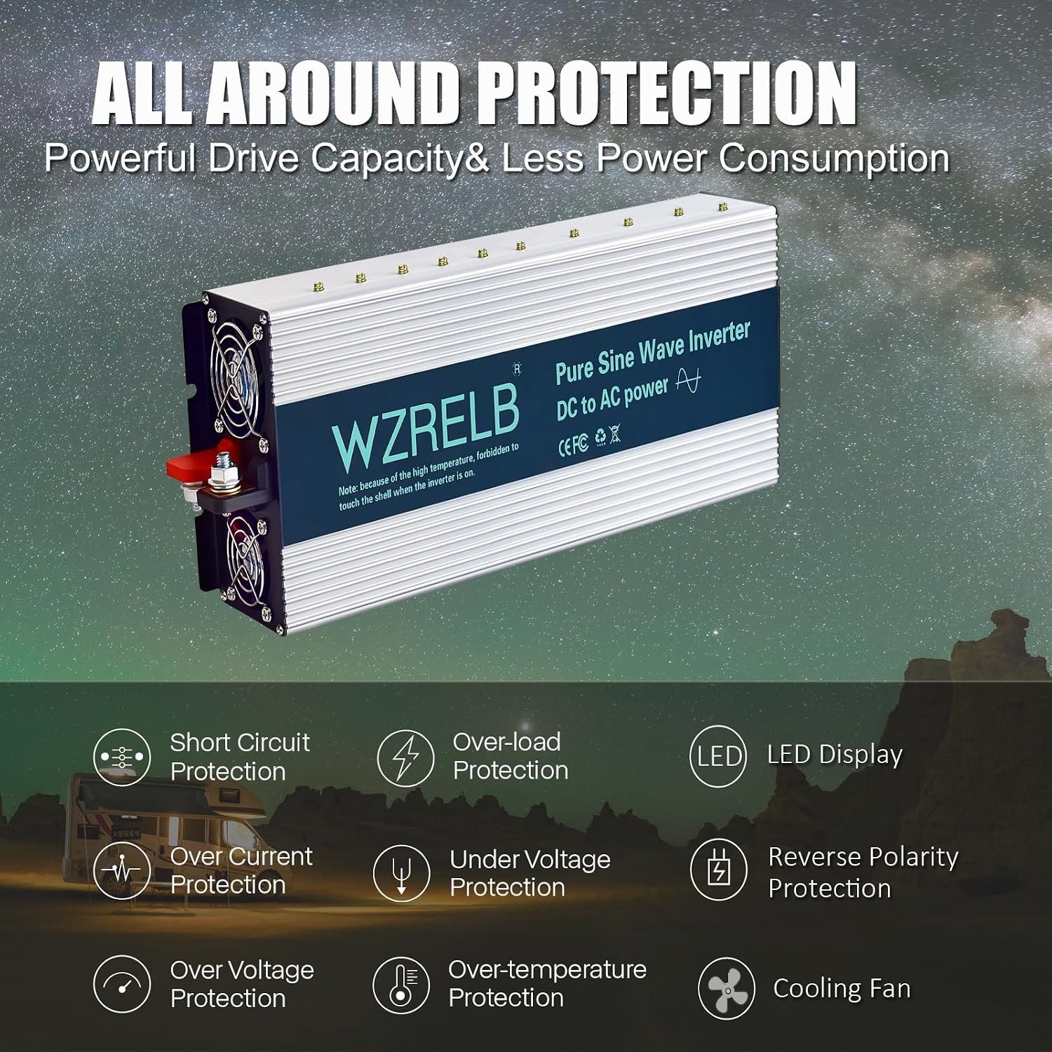 WZRELB 3000W Pure Sine Wave Inverter 12V DC to 110V 120V AC Power Converter with LED Display, Hardwire Terminal,Off-Grid Portable Power Inverter with Dual AC Outlets for Home, RV, Truck, Camping - Image 6
