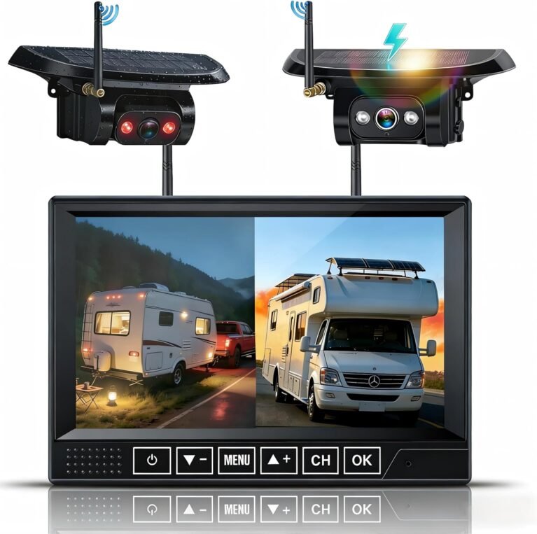 HD 1080P Dual Wireless Backup Camera: 15200mAh Battery Up to 3-Day Trip | 1-Second Magnetic Easy Install Solar RV Backup Camera with 7.2-inch Split-Screen DVR Monitor for RV Camping & Travel Trailers