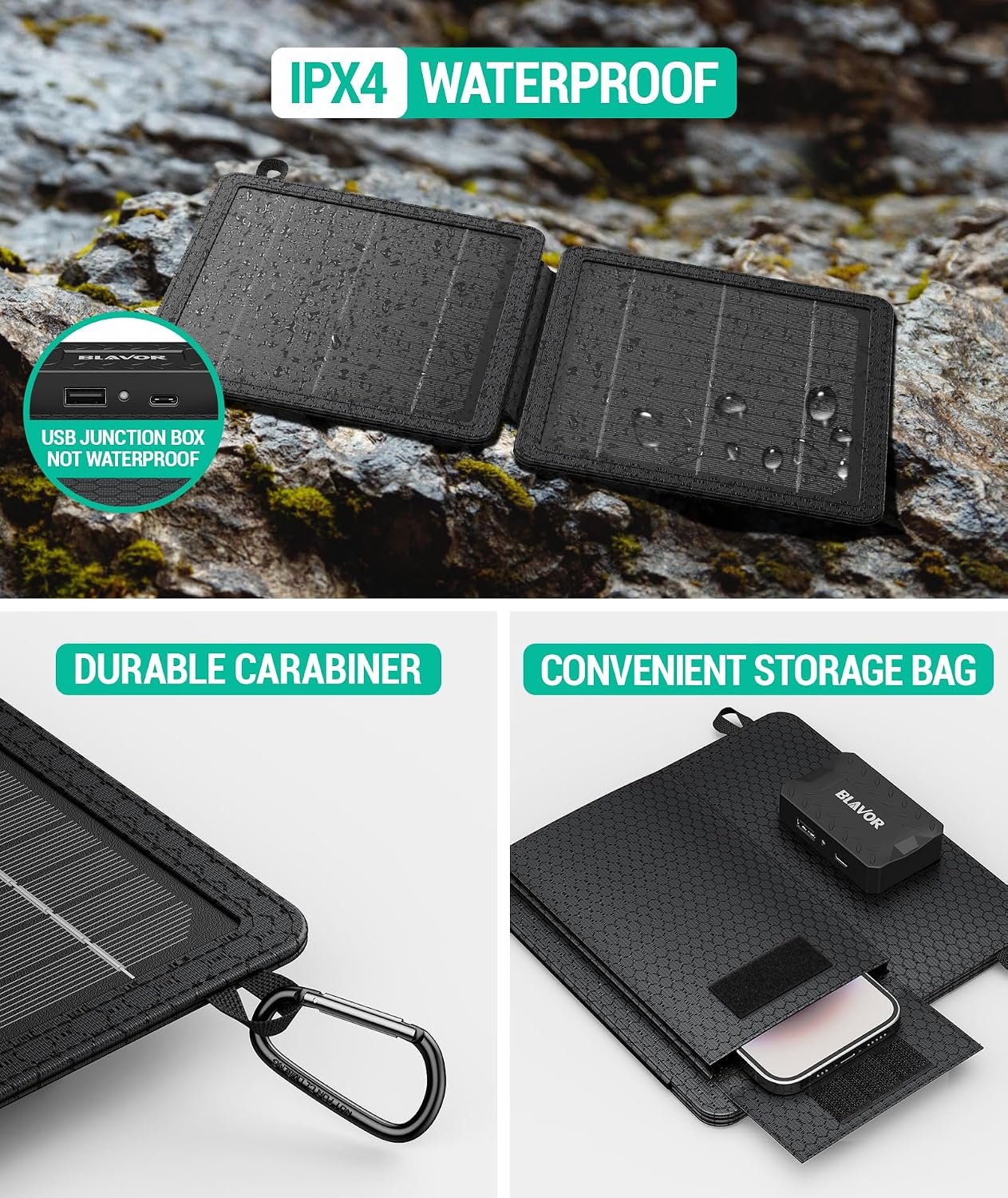 BLAVOR 10W Portable Solar Charger(5V/2A Max), Small Foldable Solar Panel with USB-C USB-A Outputs Compatible with Cell Phone Tablet, IPX4 Waterproof for Camping, Hiking, Backpacking - Image 5