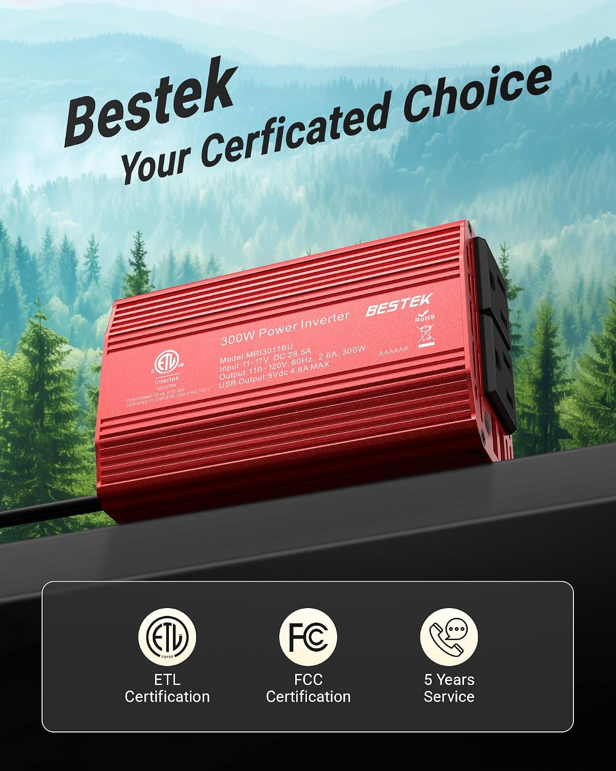 BESTEK Power Inverter DC 12-17V to AC 110V - 300W Car Plug Adapter Outlet | 4.8A Dual USB Fast Charging Port, Vehicle Charger Cigarette Lighter Adapter for Phone, Laptop on Road Trip - Aluminum Housing - Image 8