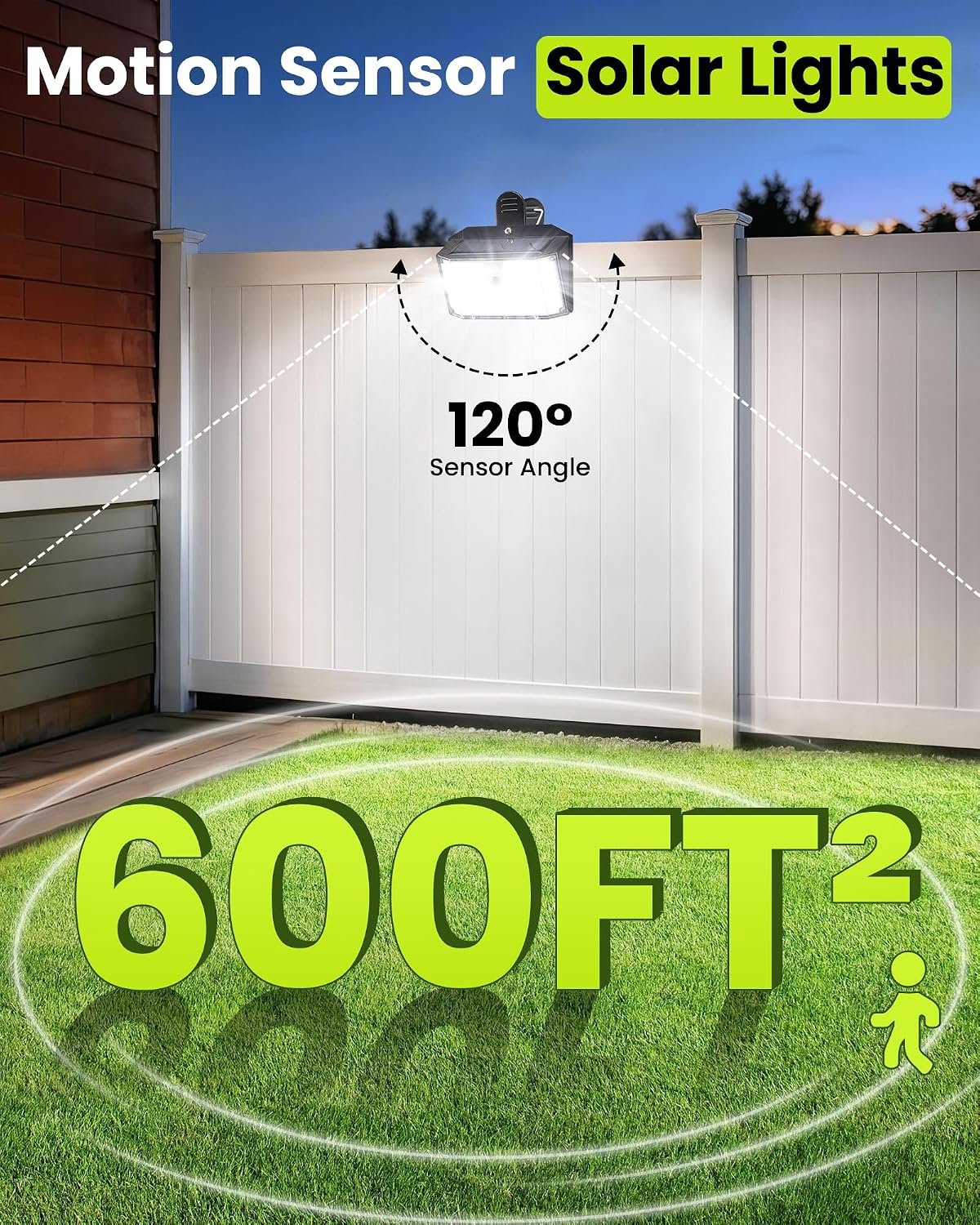 Clip on Solar Lights Outdoor, Motion Sensor Fence Lights | 176LED 600LM No Drill Solar Clip Light with Motion Sensor, 3 Modes IP65 Waterproof Security Lights for Deck,Yard(2Pack) - Image 3