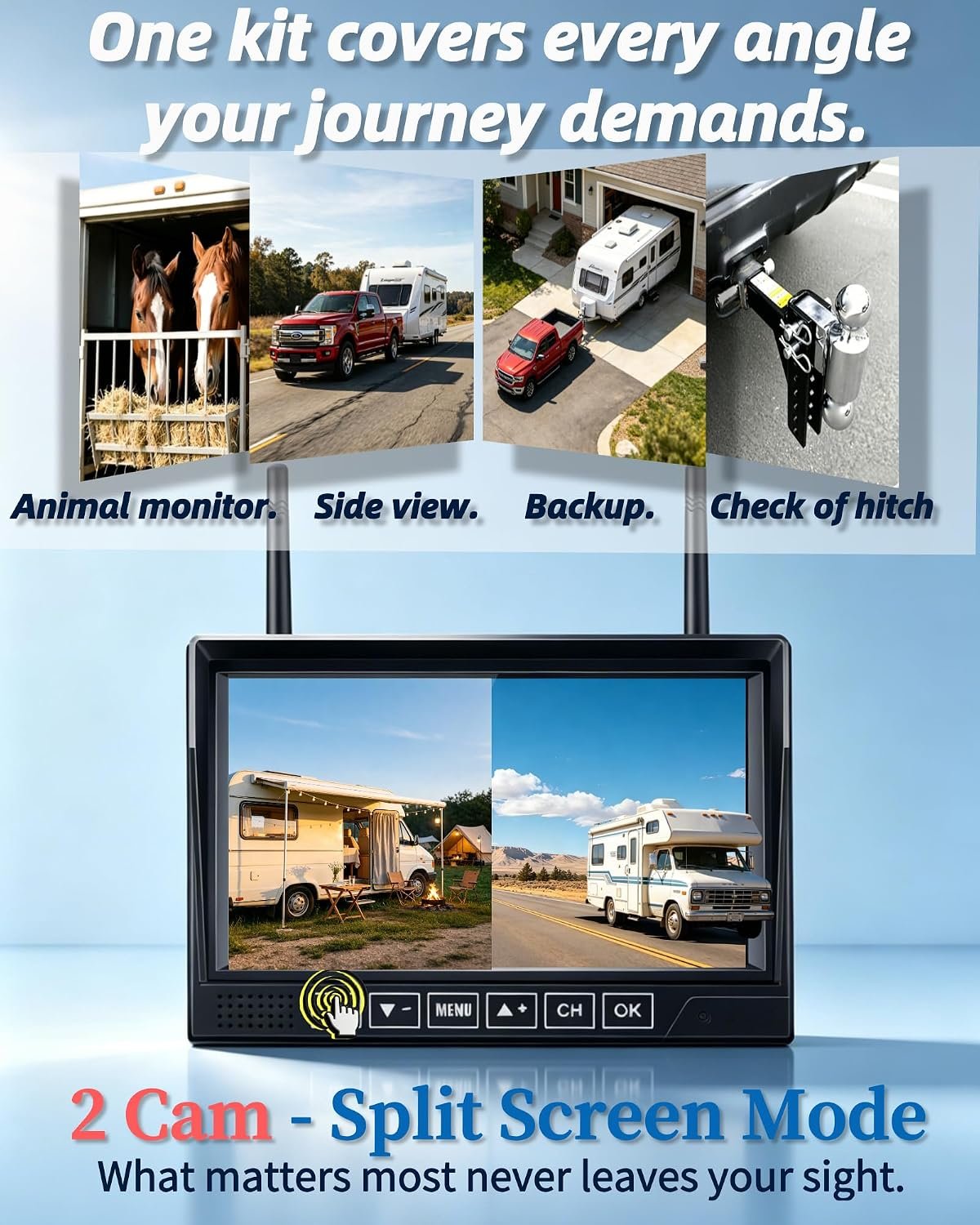 HD 1080P Dual Wireless Backup Camera: 15200mAh Battery Up to 3-Day Trip | 1-Second Magnetic Easy Install Solar RV Backup Camera with 7.2-inch Split-Screen DVR Monitor for RV Camping & Travel Trailers - Image 7