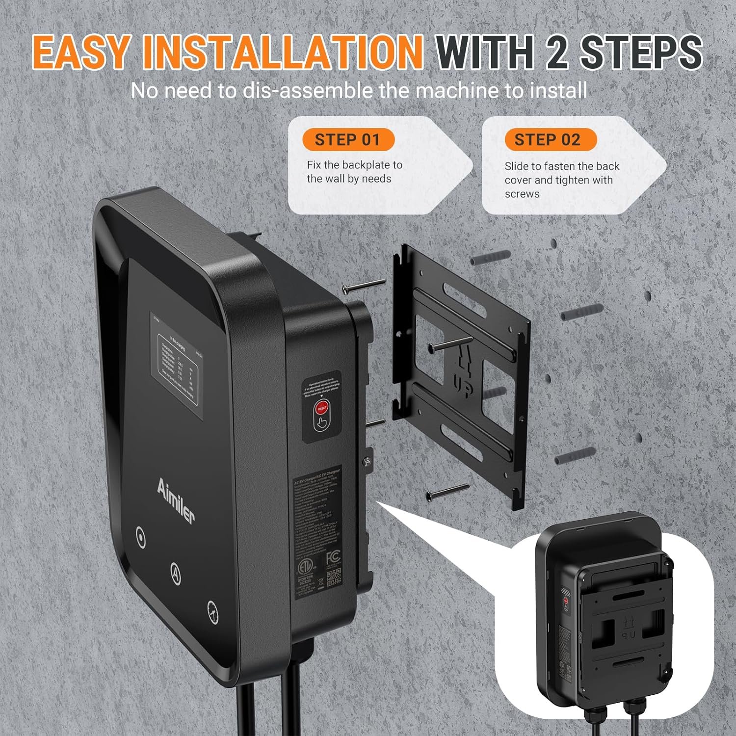 AIMILER Level 2 Electric Vehicle (EV) Charger(WiFi APP/Plug-Play), 48A, 25ft Cable ETL Certified, J1772 Connector EVSE EV Electric Car Charging Stations for Home Level 2 (Black 240V Nema 14-50P) - Image 2