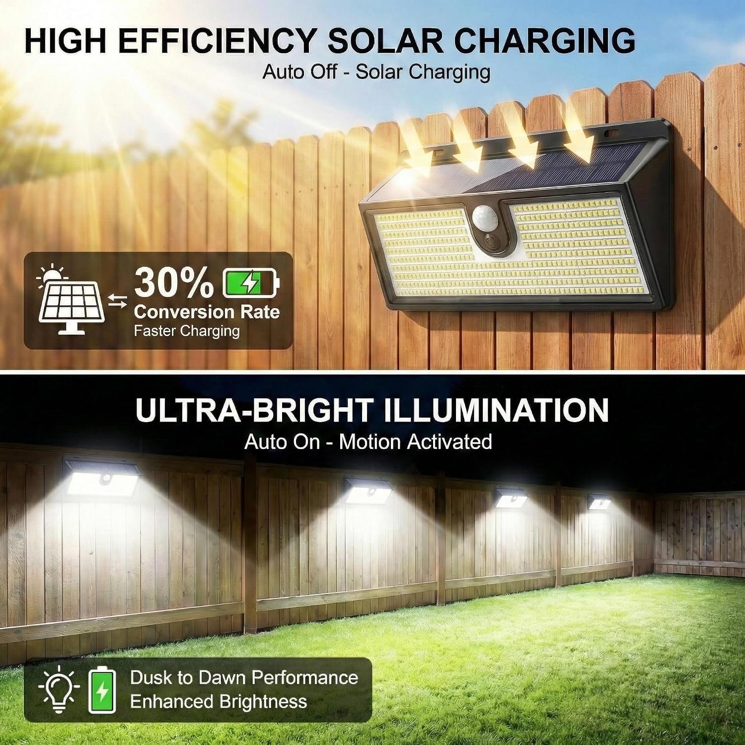 Solar Flood Lights Outdoor Motion Sensor, 452 LED Solar Security Lights with 26FT PIR Sensor, 270° Wide Angle, 30% Solar Conversion, IP65 Waterproof, 3 Modes for Yard Garage Fence Patio, 2 Pack - Image 2