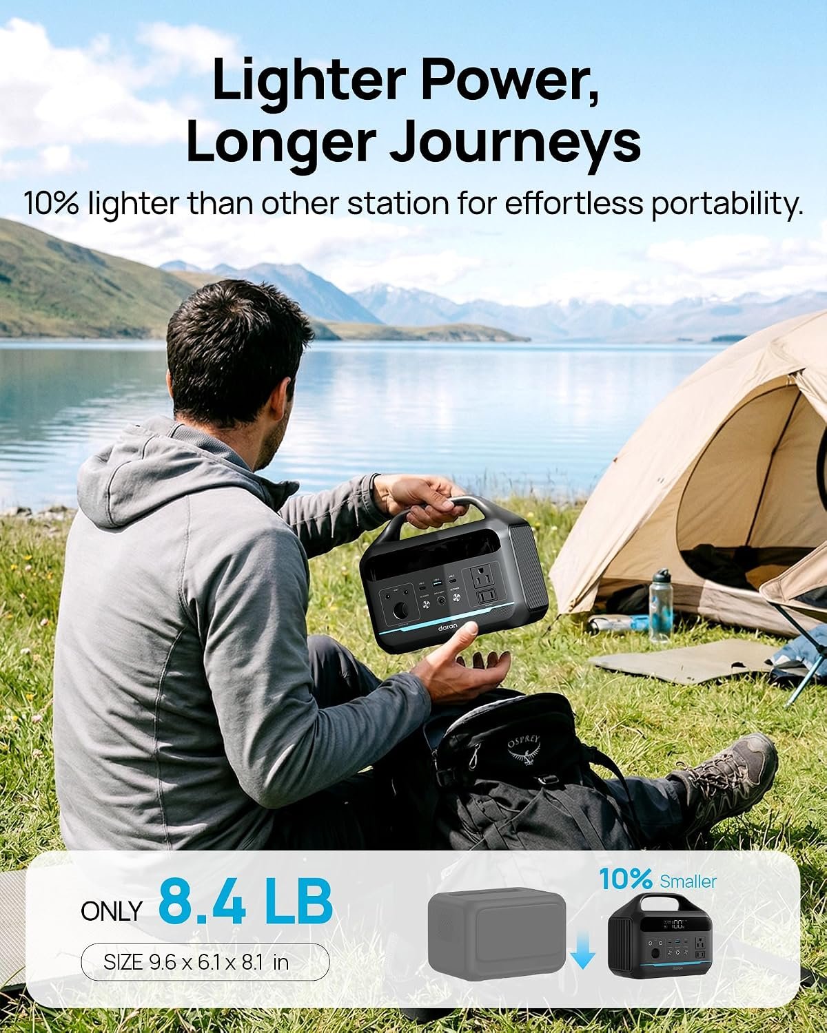 Daran Portable Power Station 600W(1200W Surge) - 288Wh Solar Generator LiFePO4 Battery with AC DC Outlets, 8.3LB Portable Charging Station for Camping, RV, Home, Emergency (Solar Optional) - Image 6