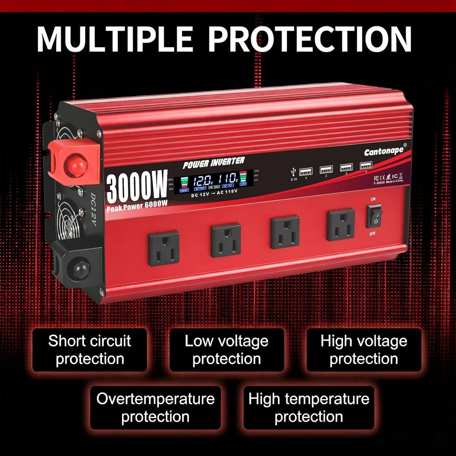 Cantonape 3000W Power Inverter 12V to 110V/120V DC to AC with LCD Display | Remote Controller 4 x AC Outlets and 4 x 3.1A USB Car Adapter for Car Truck Boat RV Solar System - Image 6