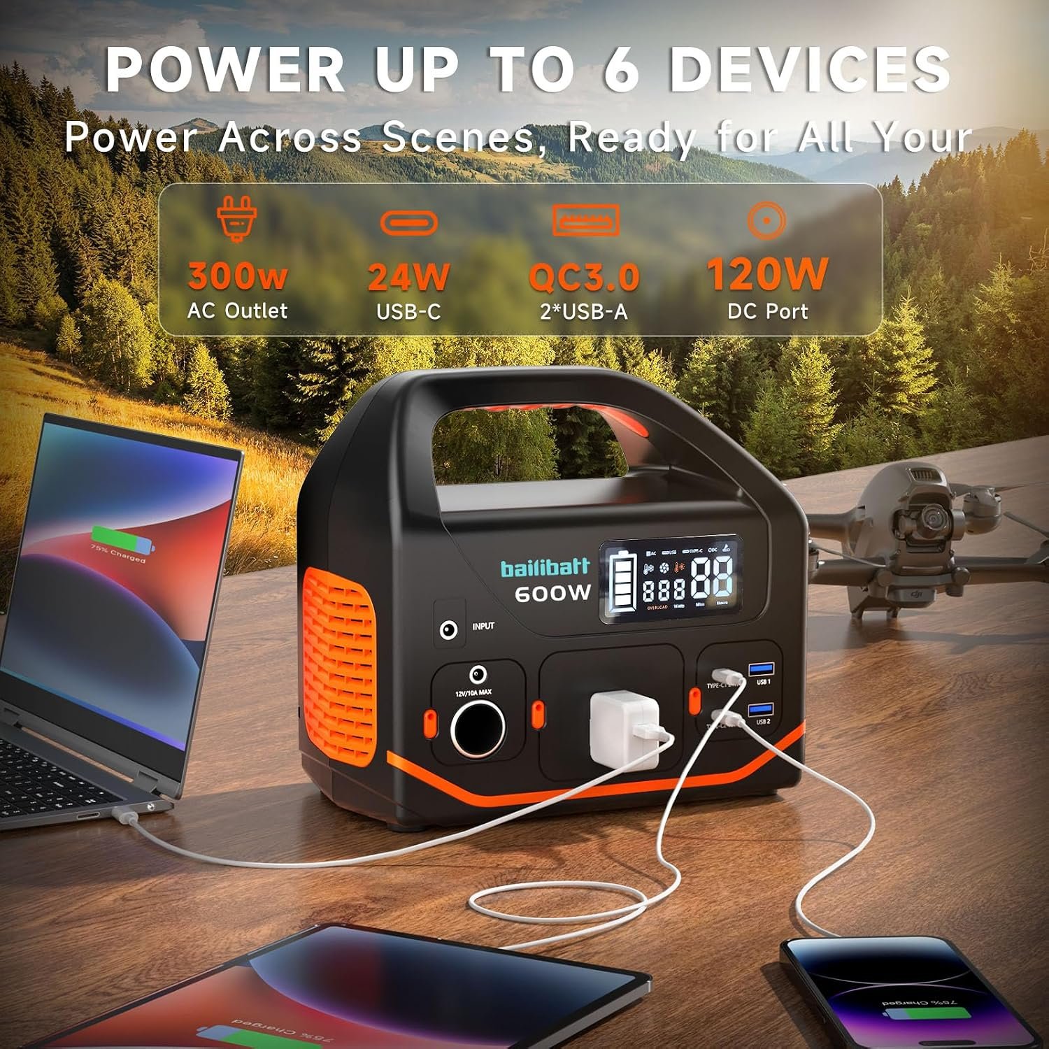 BailiBatt Portable Power Station 300W, 266Wh Solar Generator | Pure Sine Wave AC Outlet, Dual USB-C PD (24W+18W)&7 Outputs, Backup Battery for CPAP, Camping, RV, Home, Blackout - Image 3