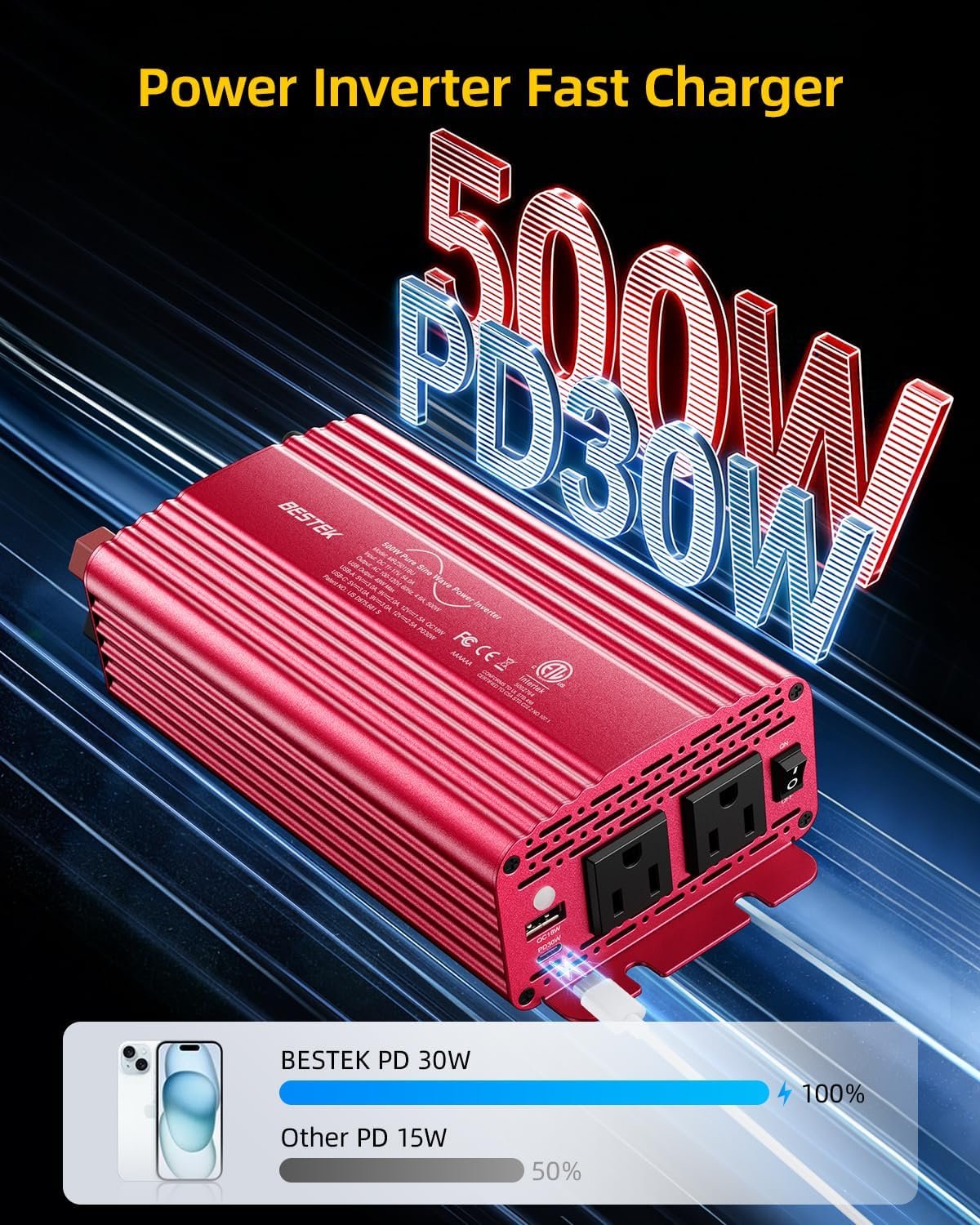 BESTEK 500W Pure Sine Wave Power Inverter DC 12V to AC 110V Car Converter | PD 30W & QC 18W Fast Charging Port, Dual AC Outlets, Car Power Plug Adapter for Solar, RV, Truck, Outdoor Camping, Road Trips - Image 3