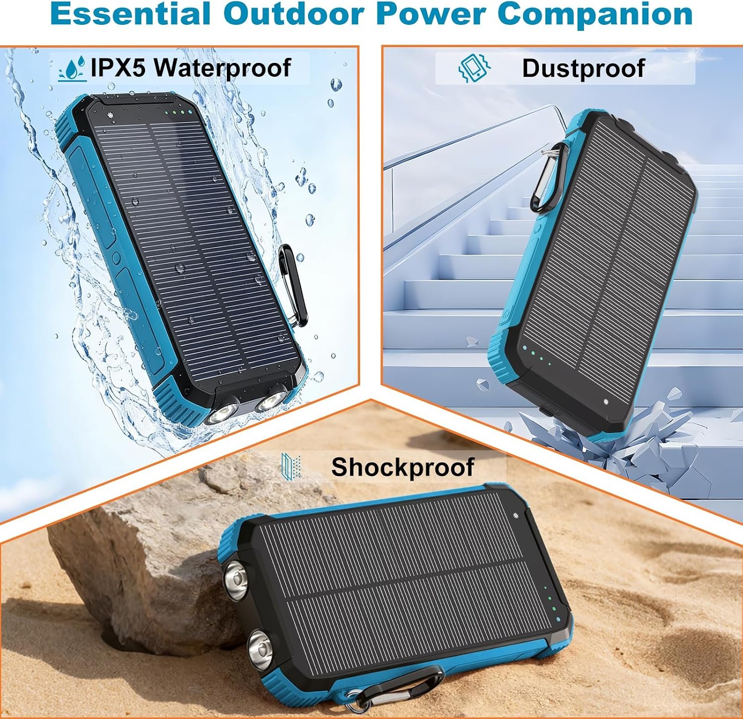 Solar Charger Power Bank 20000mAh, Wireless Fast Charging Battery Pack with 3 Built-in Cables & USB-C Input, Dual LED Flashlights, Portable Phone Charger for Camping, Travel & Emergency Use (Blue) - Image 9