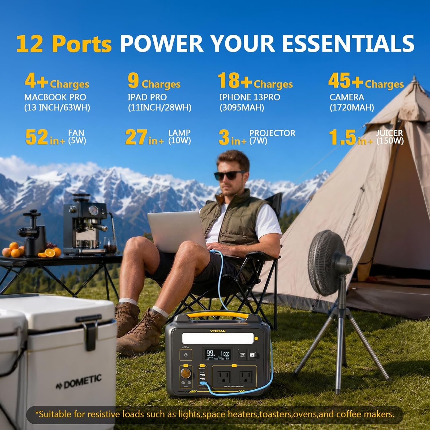 VTOMAN Jump 600X Portable Power Station 600W, 299Wh LiFePO4 Battery | 1200W Surge AC Outlet, PD 60W USB-C, 2-In-1 Solar Generator with Jump Start for Blackout, Camping, Outage and Road Trip - Image 6