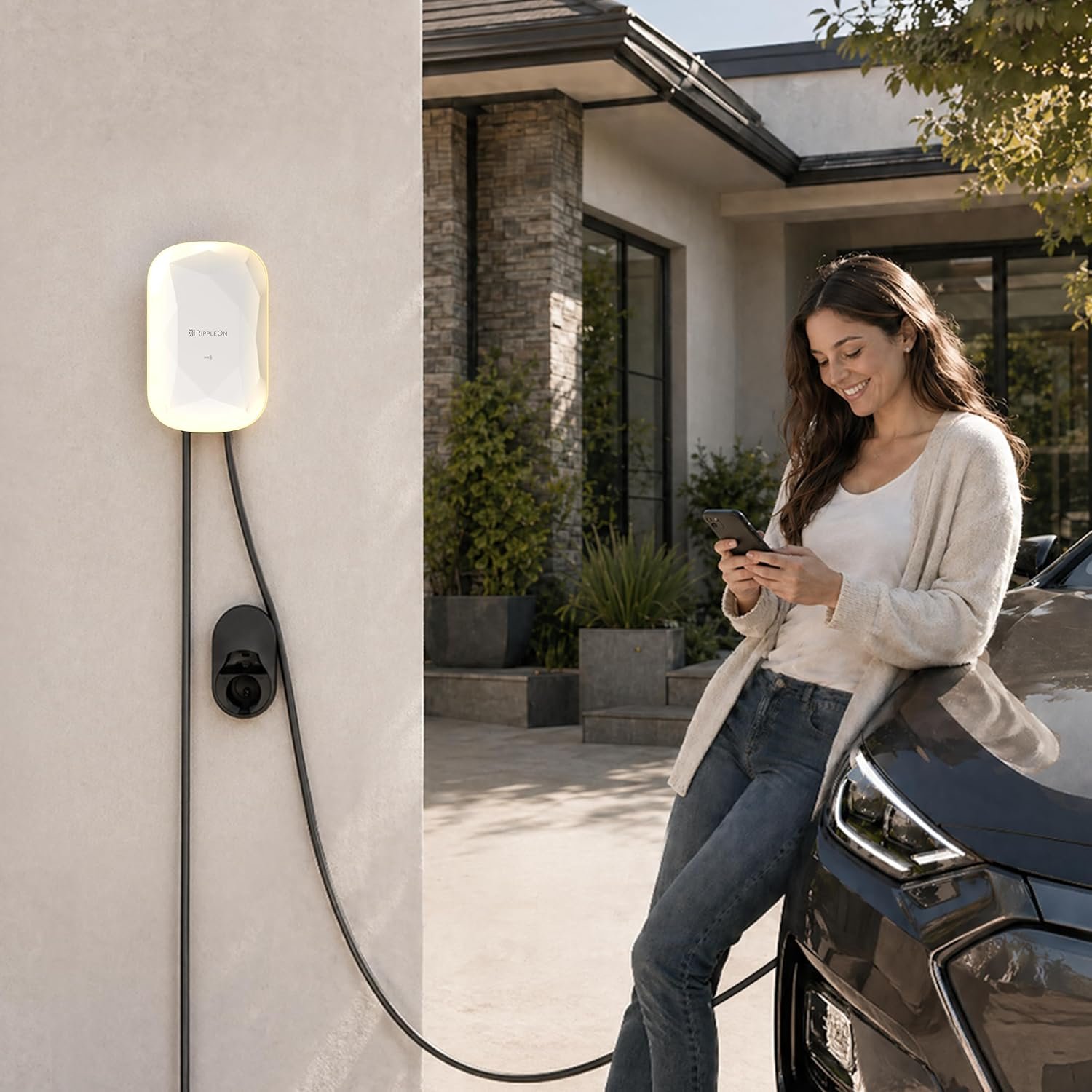 RIPPLEON Level 2 EV Charger - Hardwired/48Amp/11.5KW/240V, UL2594, ETL, FCC | Compatible for All North American EVs/EV Charger Level 2 with Dual Plug Type - 25ft Cable/Smart App/Weatherproof/Lunar Pearl - Image 6