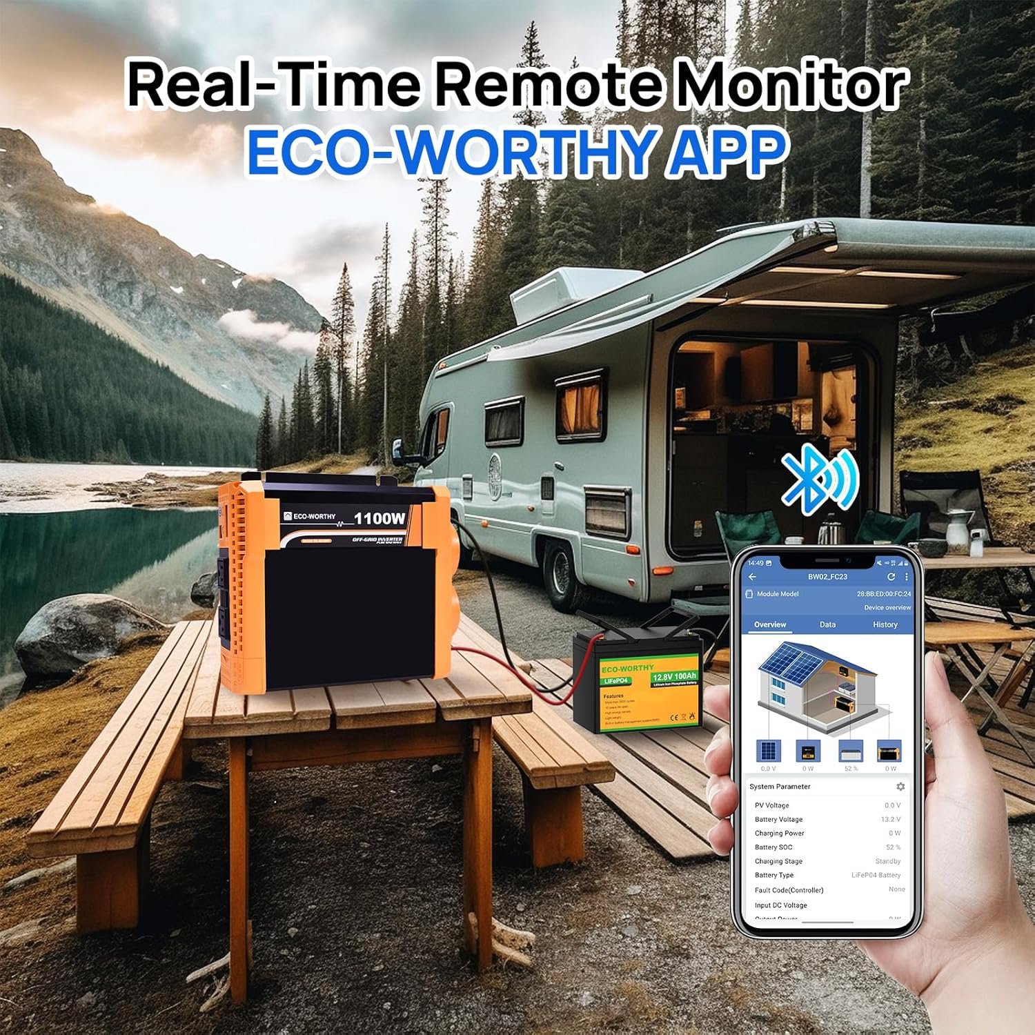 ECO-WORTHY 200 Watt 12V Complete Solar Panel Starter Kit for RV Off Grid | with Battery and Inverter: 2*100W Solar Panel + 30A Charge Controller + 100Ah Lithium Battery + 1100W Premium Solar Inverter - Image 3