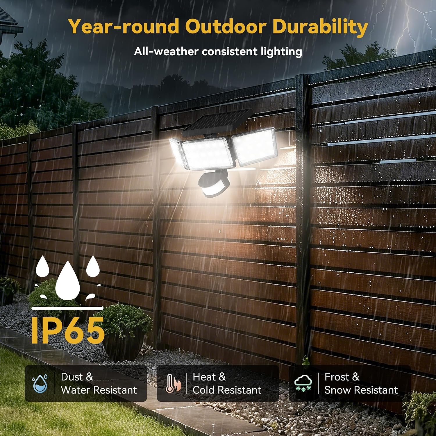 Solar Lights Outdoor, 3500LM 168 LED Motion Sensor Solar Flood Lights, 3 Heads 300° Wide Angle, 3 Modes IP65 Waterproof Solar Security Lights for Yard Garden Patio, 2 Pack (Black) - Image 7