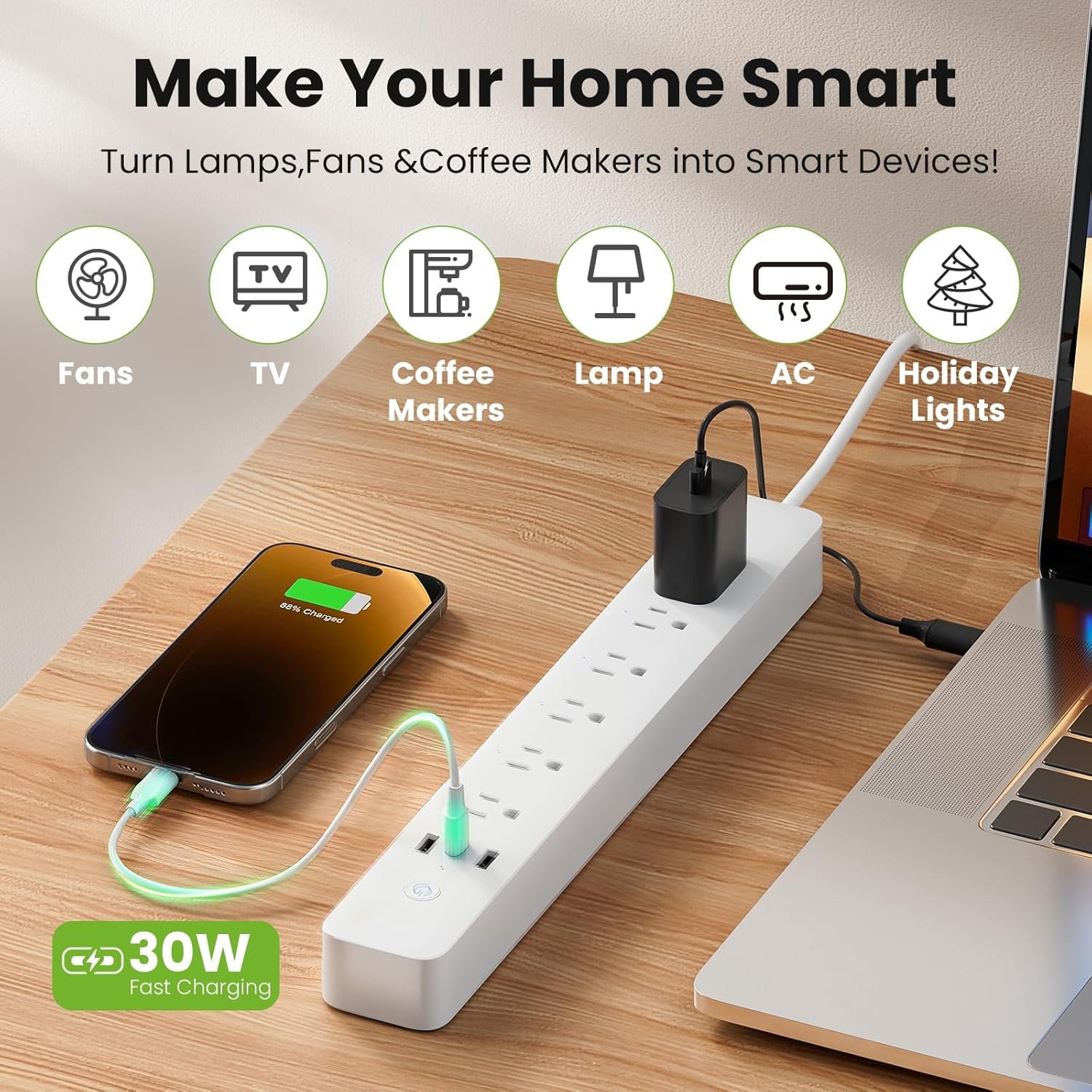 GHome Smart Power Strip with Energy Monitoring, 6 WiFi Outlets & 30W USB-C Fast Charging, Works with Alexa & Google Home, Flat Plug Power Strip, 2.4GHz WiFi Only, No Hub, 7.2ft Extension Cord - Image 9
