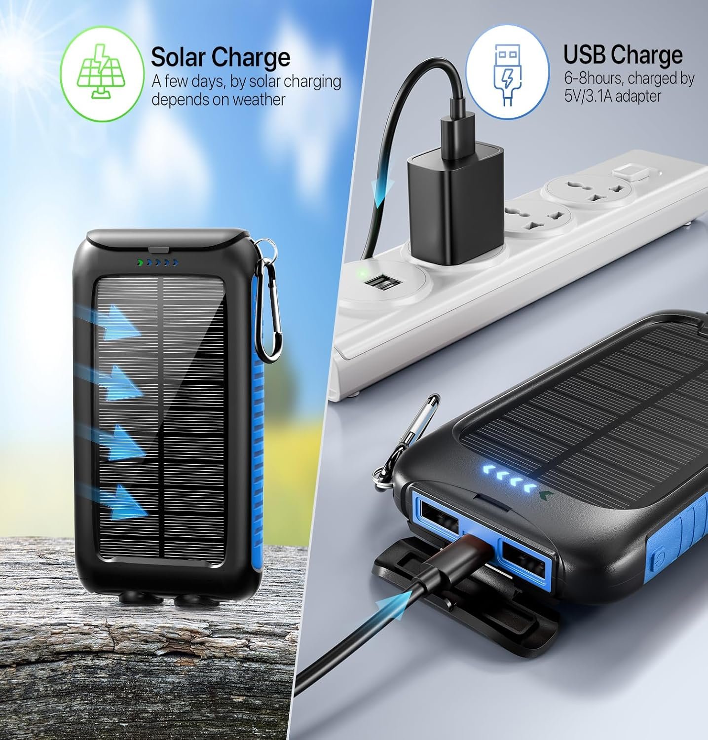 49800mAh Solar Charger Power Bank with USB-C Fast Charging & Dual USB Ports | Dual LED Flashlights with Rugged Design for Camping & Emergencies - Image 6
