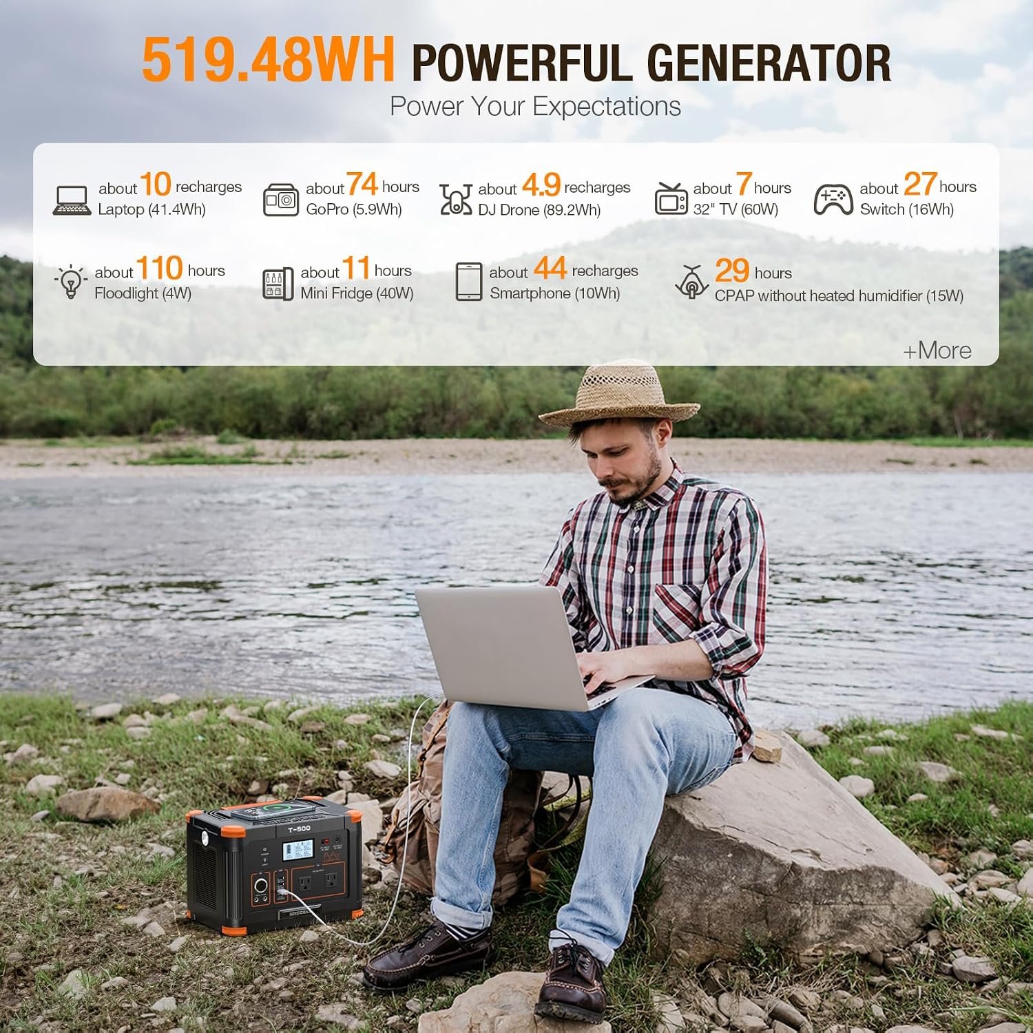 Portable Power Station 500W(Peak 1000W), 519Wh Outdoor Solar Generator | Backup Battery Pack with 2 AC Outlets, 500W 10-Port Powerhouse for RV/Van Camping Fishing Climbing Road Trip Home Emergency - Image 2