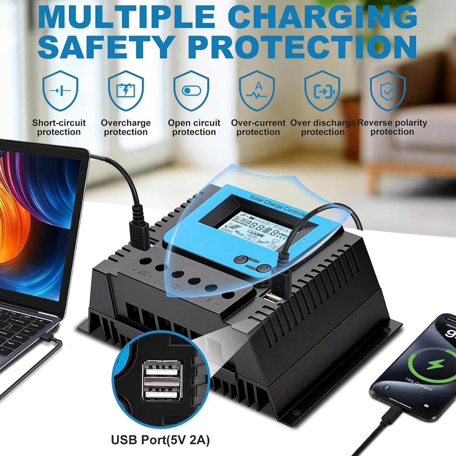 80A PWM Solar Charge Controller Bluetooth 12V/24V/36V/48V Auto | Solar Panel Battery Controller 80A with 4 USB Ports Backlit Display,Regulator for Solar Panels fit Li,Lead-Acid,Gel Batteries - Image 4