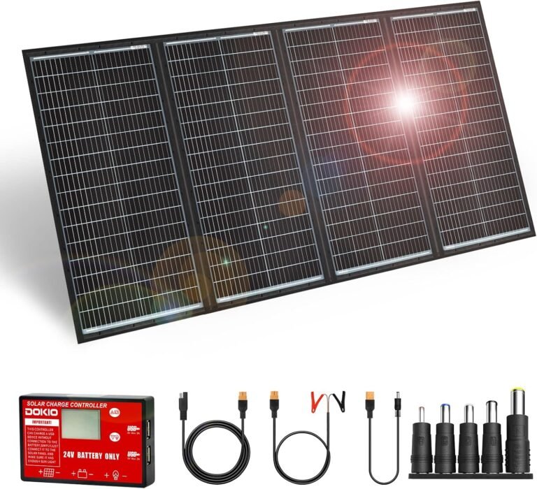 DOKIO 300W 36V Foldable Solar Panel Kit for 24V Batteries with Controller | Folds to 19 x 37 in and weighs 15.21 lb; includes USB ports; for 24V batteries, power stations, RVs, and camping
