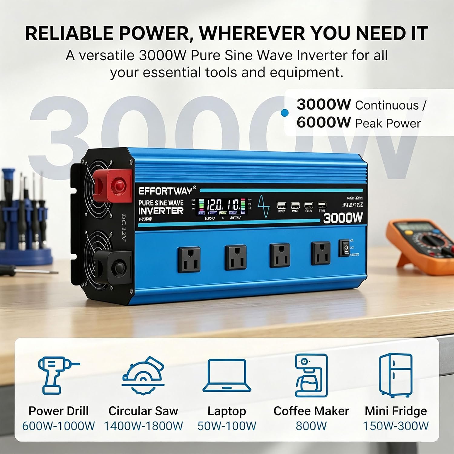 3000w Pure sine Wave Inverter DC 12V to AC 110V/120V Converter, 6000w (Peak) with LCD Display, Wireless/Wired Remote Control, 4AC outlets and 4USB.Ideal for Camping, RV Travel, Off-Grid Solar Systems - Image 6