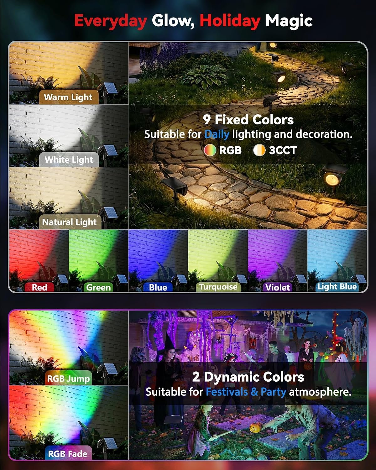 Focusing Solar Spot Lights Outdoor Waterproof, RGB+3CCT Tree Uplights 4Pack | Multicolor Focused Lens Spotlight, Dusk-to-dawn Light, Stake or Wall Mounting for Yard Landscape Garden Path Halloween Decor - Image 4