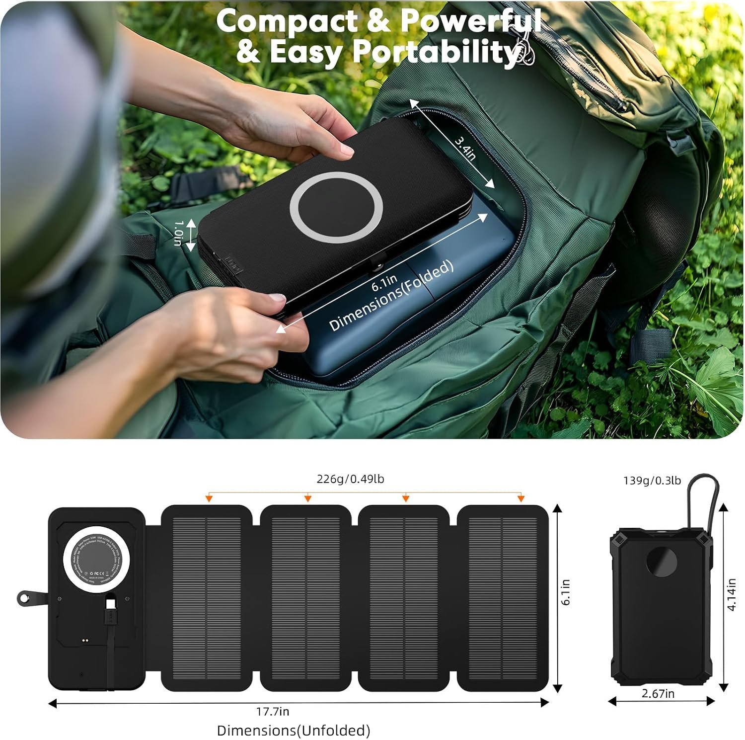 YELOMIN Solar Charger Power Bank 5000mAh with 4 Foldable Panels & 2 Built-in Cables, Wireless Portable Charger, Outdoor External Battery Pack with USB-C in/Output & SOS Flashlight for Camping Hiking - Image 5