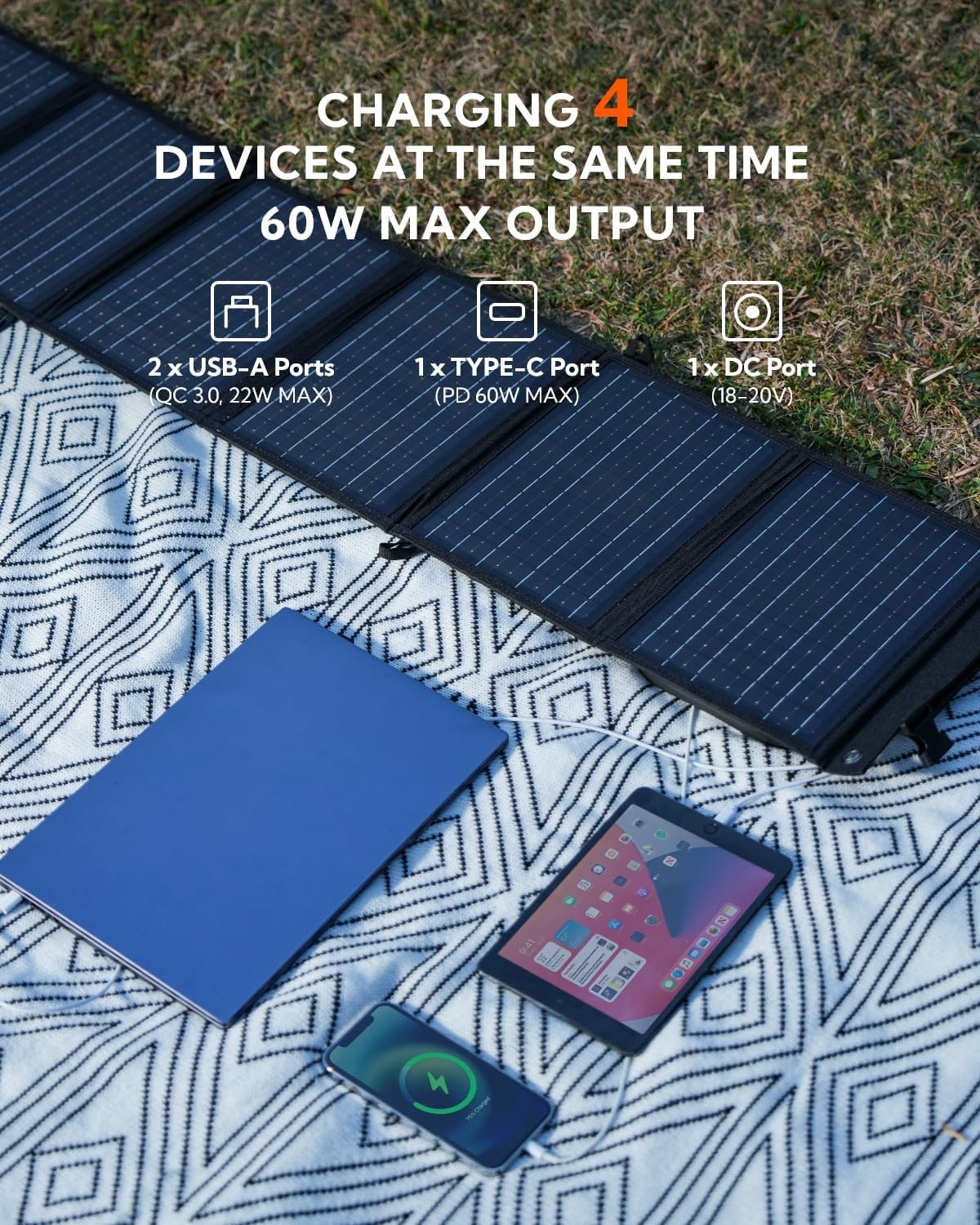 Portable Solar Panel, LUMOPAL 60W Foldable Solar Panels Folding Solar Charger with PD60W USB C QC3.0 USB A Output Waterproof for Camping Backpacking Compatible with Phone Laptop Portable Power Station - Image 2