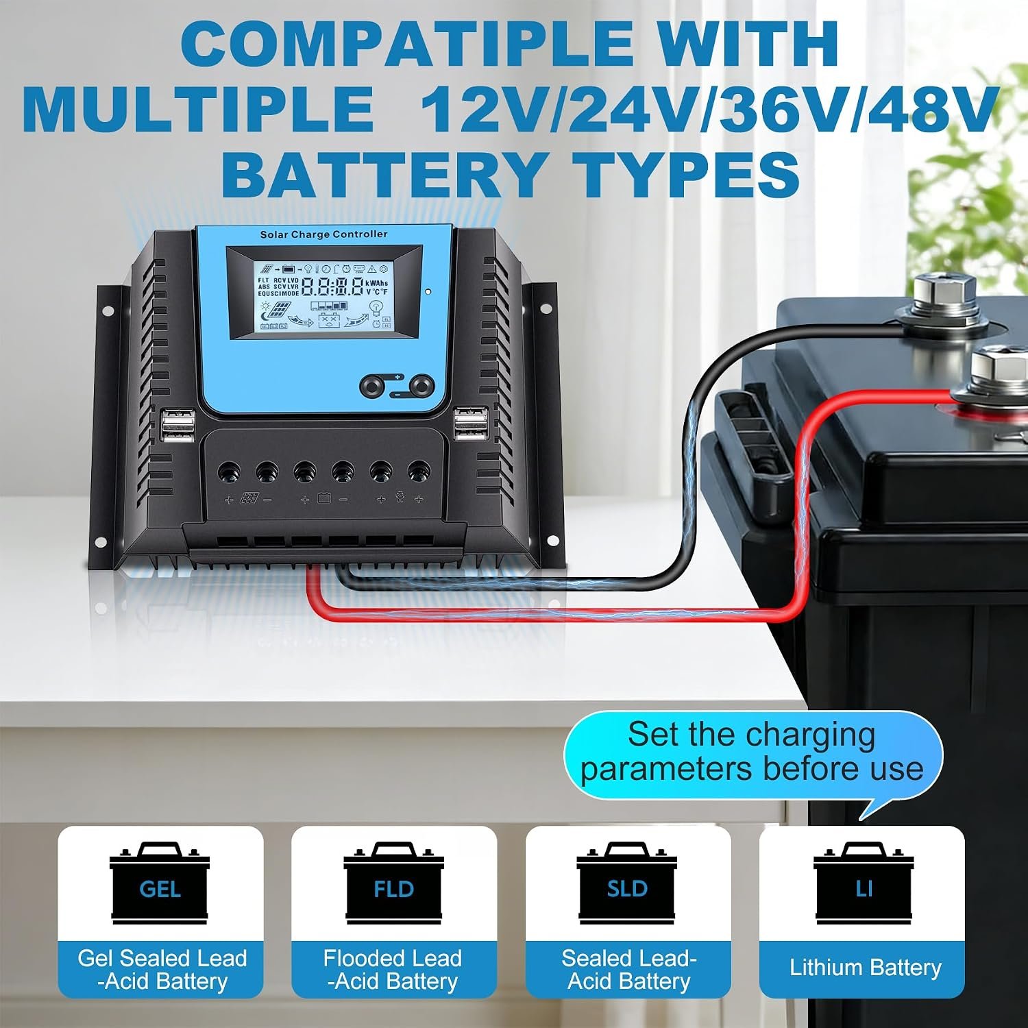 80A PWM Solar Charge Controller Bluetooth 12V/24V/36V/48V Auto | Solar Panel Battery Controller 80A with 4 USB Ports Backlit Display,Regulator for Solar Panels fit Li,Lead-Acid,Gel Batteries - Image 5
