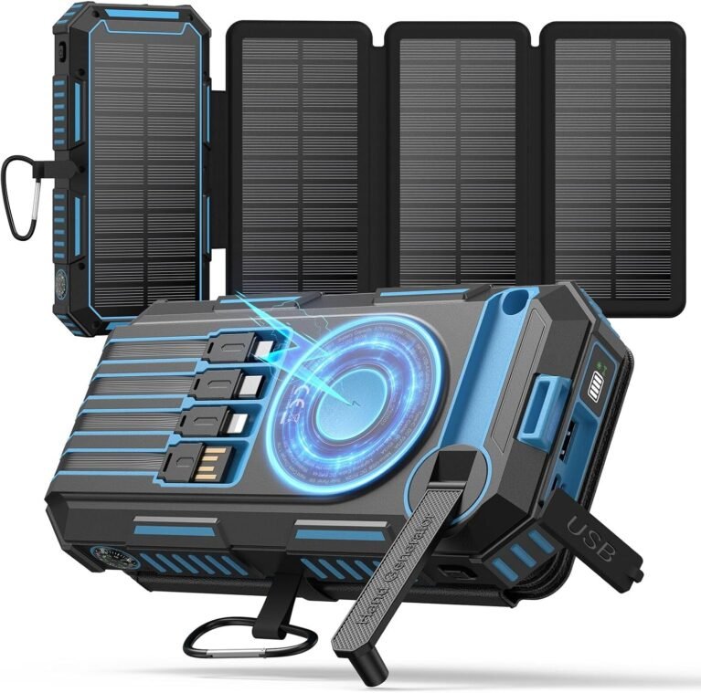 FEELLE Solar Power Bank 50000mAh Magnetic Portable Charger with Hand Crank | Built in 4 Cables & 4 Solar Panels, PD QC 3.0 Fast Charging Battery Pack, Flashlight for Outdoor, Charge 6 Devices at Once